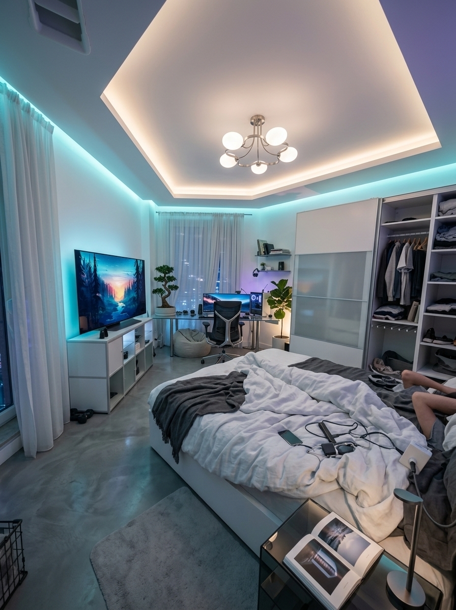 An incredibly lifelike, richly detailed, photorealistic wide-angle shot of a reimagined digital-zen bedroom set in a modern, high-tech urban sanctuary. The scene is illuminated by concealed ambient neon edge-lighting in soft cyan and subtle violet paired with diffuse, warm-white architectural ceiling coves, creating a tranquil, futuristic atmosphere. Captured with a full-frame mirrorless camera and an ultra-wide 16-35mm f/2.8 lens, emphasizing smooth matte finishes, polished cool-gray microcement floors, brushed steel accents, and the organic textures of lush indoor plants. The cluttered layout is replaced with an airy, streamlined composition anchored by a low-profile, floating platform bed neatly dressed in crisp white linen and muted charcoal throws. Beside the bed, a minimalist smoked-glass nightstand holds a sleek smart lamp and an open, glossy photography art book. Across from the bed, the wall features a flush, ultra-thin media display showcasing glowing digital landscape art above a floating console crafted from anodized aluminum and frosted glass, completely free of visible cables or clutter. In the corner nook, an integrated ergonomic workstation boasts a clean glass desktop, a single curved OLED display, and a streamlined metallic chair, balanced by a tall, sculptural bonsai and a potted fiddle-leaf fig bathed in soft uplighting. Floor-to-ceiling motorized sheer drapery spans the window, subtly diffusing the distant city lights outside to finalize this serene fusion of high-tech minimalism and calming Zen aesthetics.