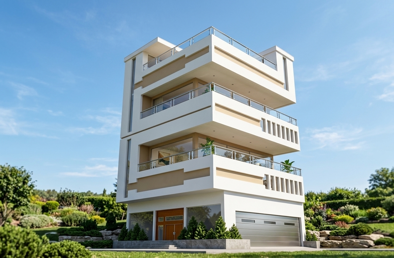 An incredibly lifelike, richly detailed, photorealistic low-angle architectural shot of a four-story mid-century modern residence set in a lush outdoor garden. The scene is illuminated by brilliant, direct midday summer sunlight, casting crisp, dynamic shadows along the geometric overhangs and creating a vibrant, uplifting atmosphere. Captured with a 24mm tilt-shift architectural lens, emphasizing the crisp white plaster facade, smooth warm sand-colored insets, sleek metallic railings, and reflective floor-to-ceiling glazing. Manicured evergreens and landscaped rock beds border the entryway and brushed-metal garage, while expansive wrap-around balconies define each tier with iconic, linear mid-century elegance. Through the crystal-clear glass, glimpse impeccably styled, uncluttered interiors furnished with rich teak and walnut wood, striking abstract wall art in shades of earth tones, oranges, and muted blues, carefully placed photography books on clean coffee tables, and vibrant indoor plants that seamlessly merge organic warmth with timeless architectural sophistication.