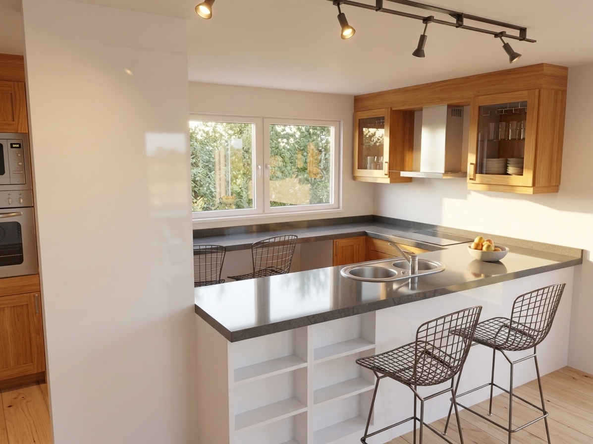 An incredibly lifelike, richly detailed, photorealistic wide-angle interior shot of an open-concept contemporary kitchen set in a serene coastal home. The scene is illuminated by the soft, golden light of a spring sunset streaming through the clean white-framed window, supplemented by focused warm beams from a sleek ceiling track lighting system, creating an airy, sun-kissed, and deeply inviting atmosphere. Captured with a professional 24mm tilt-shift lens, emphasizing the high-gloss polish of the dark stone countertops, the intricate natural grain of the warm honey-wood cabinetry, and the crisp reflections dancing across the glass-front upper cabinets and integrated stainless-steel range hood. The functional peninsula features a dual under-mount sink, open display shelving, and modern metal-mesh barstools looking out toward lush outdoor greenery, effortlessly blending rich woodwork with clean, light-filled coastal minimalism.