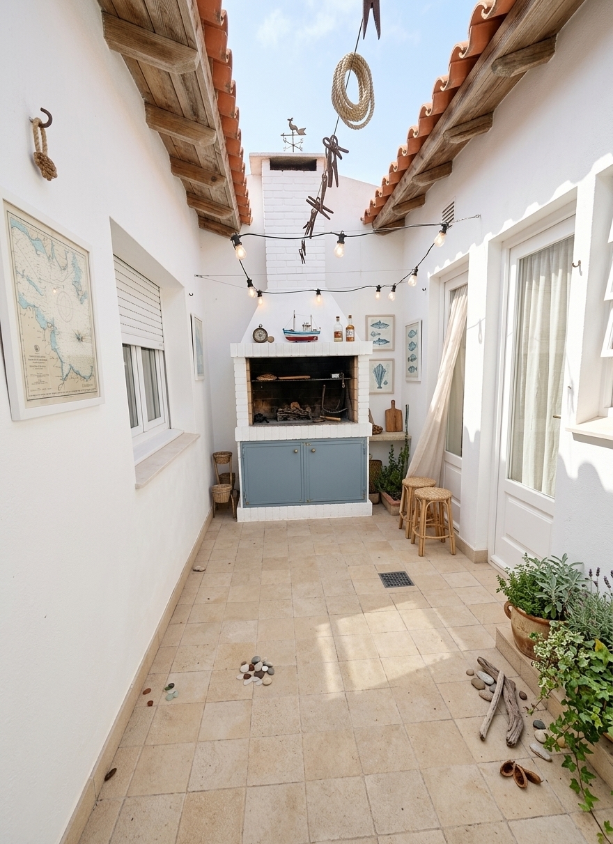 An incredibly lifelike, richly detailed, photorealistic wide-angle shot of a renovated outdoor patio courtyard set in a sun-drenched seaside retreat. The scene is illuminated by bright, sun-kissed natural daylight and the soft, warm glow of overhead festoon lights, creating an airy, light, and relaxed nautical atmosphere. Captured with a full-frame camera using a 24mm wide-angle lens, emphasizing the tactile textures of crisp whitewashed stucco walls, sandy neutral limestone pavers underfoot, and weathered natural timber roof rafters beneath traditional terracotta eaves. The elongated space centers on the transformed built-in brick chimney and outdoor grill, revitalized in a palette of clean white and soft coastal slate-blue, flanked by refreshed white French doors with sheer curtains catching a gentle coastal breeze. Enhancing the open and uncluttered layout, the walls showcase subtle framed seascape wall art, while casual natural-wood accents, slim woven wicker seating, and an arrangement of potted coastal grasses, lavender, and lush greenery in rustic ceramic planters infuse the space with an inviting, photography-book-worthy beachside charm.