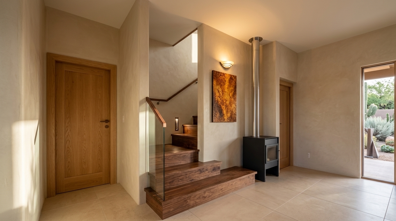An incredibly lifelike, richly detailed, photorealistic wide-angle interior shot of an entryway and transition living space set in a sun-drenched Southwestern desert retreat. The scene is illuminated by gentle morning daylight combined with the warm, focused glow of a modern wall sconce, creating a tranquil, earth-toned, and inviting atmosphere. Captured with a full-frame camera paired with a 24mm wide-angle architectural lens, emphasizing the rich natural grain of the deep walnut staircase steps, the textured matte lime-wash on the neutral adobe walls, and the smooth ceramic finish of the light stone flooring. A minimalist matte black freestanding fireplace with a sleek stainless steel chimney flue grounds the corner, while an abstract, fiery-toned piece of desert-inspired wall art injects warm terracotta energy into the pared-down, arid aesthetic of the minimalist home.