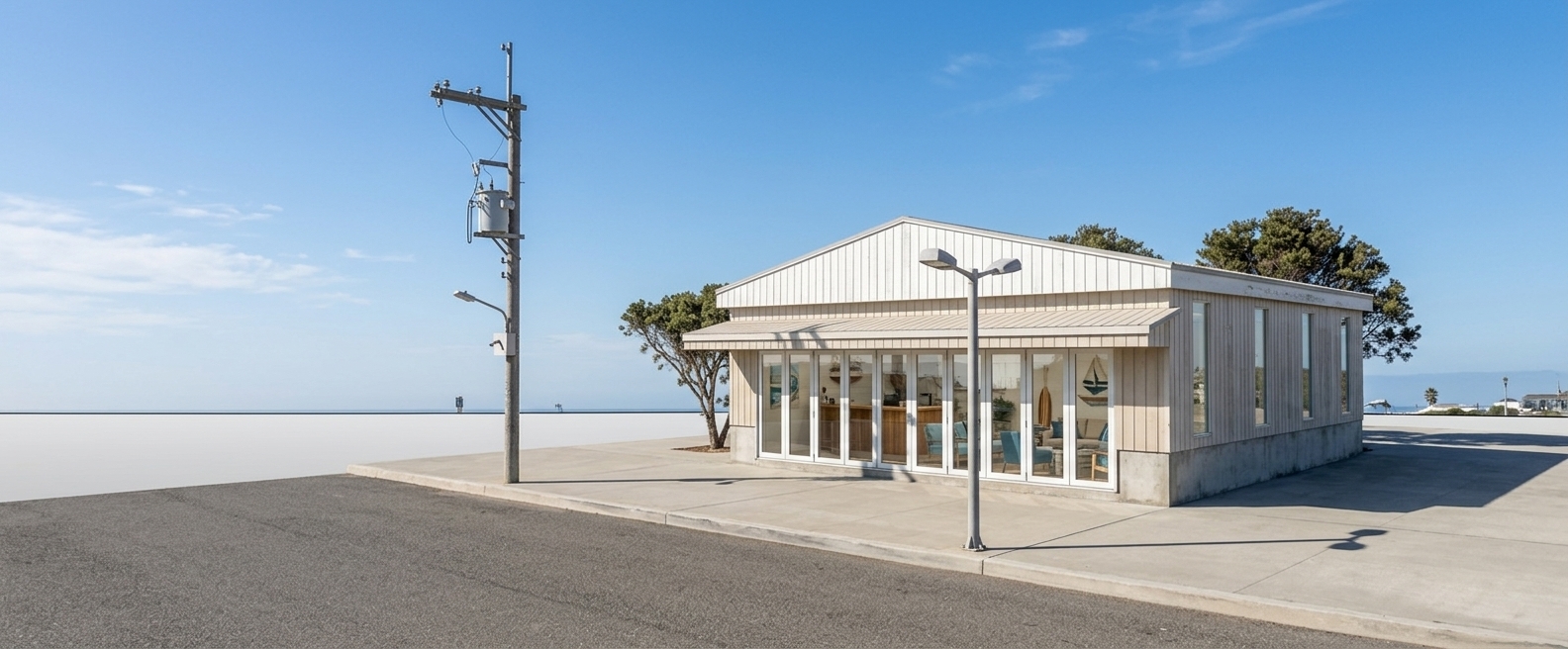 An incredibly lifelike, richly detailed, photorealistic wide-angle exterior shot of a modern beachside pavilion and coastal studio set in a relaxed seaside streetscape during a bright spring midday. The scene is illuminated by brilliant, sun-kissed natural sunlight and softened by a crisp coastal breeze, creating an airy, fresh, and inviting nautical atmosphere. Captured with a professional 35mm architectural tilt-shift lens, emphasizing the clean vertical corrugated siding in weathered white and sandy-neutral tones, smooth poured-concrete foundations, and the pristine gloss of the expansive glass facade. The long, sheltered awning casts crisp shadows over a bank of multi-panel glass doors, offering glimpses into a sun-drenched, uncluttered interior finished in ocean blues, natural woods, and subtle coastal decor. Outside, a clean asphalt driveway borders the sidewalk, framed by a realistic utility pole with overhead transformer hardware, street fixtures, and lush windswept trees standing against a clear, luminous sky.