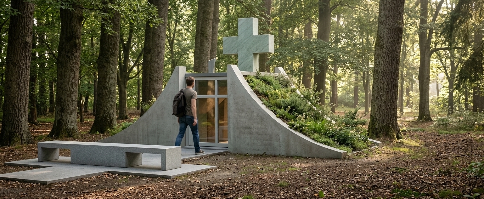 An incredibly lifelike, richly detailed, photorealistic eye-level architectural shot of a minimalist Scandinavian sanctuary set in a tranquil, sun-dappled forest clearing. The scene is illuminated by warm, diffused morning sunlight filtering through towering canopy trees, creating a serene and contemplative atmosphere. Captured with a full-frame camera using a 35mm prime lens, emphasizing smooth, micro-textured cast-concrete surfaces, manicured green-roof groundcover, and crisp architectural lines. 

The earth-sheltered pavilion features graceful, sweeping concrete wing walls embracing an organic vegetated roof adorned with subtle shrubs and wild grasses. Above, a monumental pale-green stone cross stands as a focal point, merging sacred geometry with the natural woodland environment. In the foreground, a sleek minimalist stone bench rests alongside a paved path leading to large, framed glass entry doors in soft shades of muted gray and white, blending clean modernist design with organic hygge tranquility.