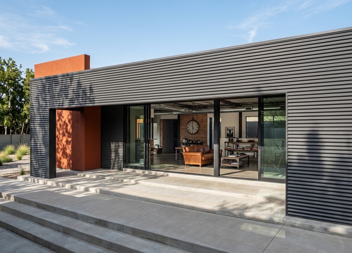 An incredibly lifelike, richly detailed, photorealistic exterior architectural shot of a contemporary industrial loft residence set in a minimalist landscaped courtyard. The scene is illuminated by crisp, bright mid-afternoon sunlight casting sharp tree-dappled shadows across the façade, creating a raw, dramatic, and sophisticated atmosphere. Captured with a wide-angle tilt-shift lens, emphasizing the tactile fine-ribbed corrugated charcoal metal siding, the bold rust-orange stucco accent volume, and the smooth, poured-concrete patio. Through the expansive, black-framed sliding glass doors, the spacious urban interior reveals an industrial loft aesthetic with polished concrete flooring, exposed ceiling ductwork, a vintage cognac leather sofa, a large metal wall clock, and curated photography books displayed on repurposed reclaimed wood and iron tables.