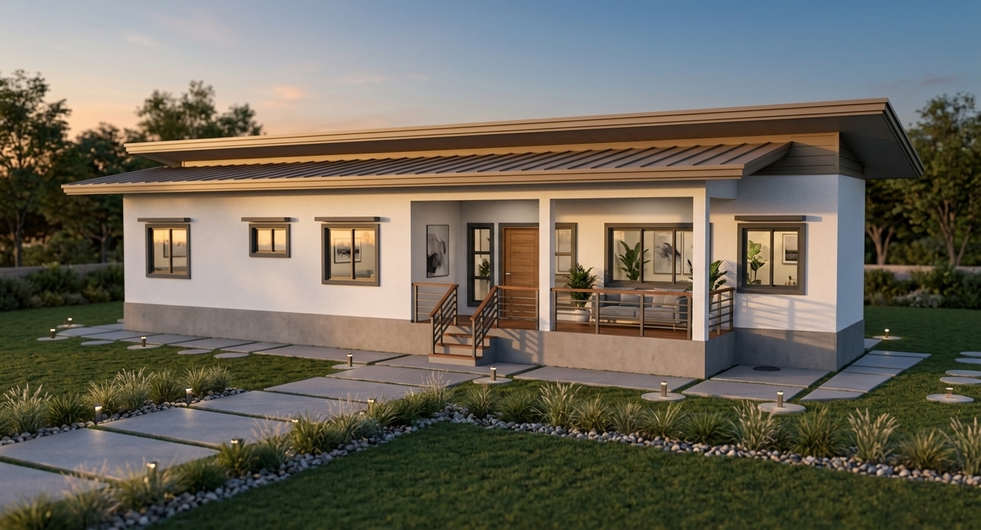 An incredibly lifelike, richly detailed, photorealistic eye-level exterior shot of a sleek single-story minimalist home set in a serene outdoor garden during a warm summer evening. The scene is illuminated by the soft, golden radiance of a setting sun, creating a peaceful, zen-like, and elegant atmosphere with delicate golden reflections dancing on glass panes and long, gentle shadows stretching across the ground. Captured with a high-end full-frame camera and a 35mm architectural lens, emphasizing the crisp matte finish of the clean white stucco facade, the refined brushed-metal and rich timber porch railings, the earthy tones of the layered shed rooflines, and the smooth, solid gray concrete foundation base. Through the clear, dark-trimmed modern windows, glimpses of a clutter-free, functional interior are visible, complete with serene monochromatic gray and pastel tones, subtle abstract wall art, low-profile streamlined furniture, and lush indoor plants. The inviting elevated porch, anchored by a handsome natural wood front door, overlooks a minimalist landscaped border of manicured lawn, smooth stepping stones, and ornamental grasses, defining the residence as a sophisticated, tranquil modern haven.