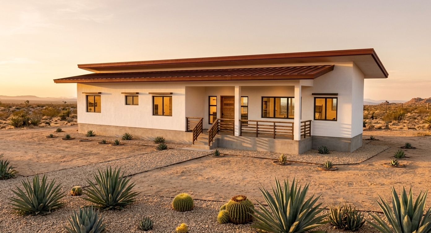 An incredibly lifelike, richly detailed, photorealistic wide-angle exterior architectural shot of an elongated, modern single-story desert retreat set in an arid, tranquil southwestern landscape. The scene is illuminated by the glowing, low-angled radiance of a golden summer sunset, creating a sun-drenched, warm, and meditative atmosphere filled with rich amber tones and soft, elongated shadows. Captured with a professional medium-format camera and a 35mm architectural tilt-shift lens, emphasizing the clean-lined white adobe stucco facade, the deep terracotta patina of the multi-tiered sloped roof, and the tactile grain of the horizontal-slatted natural timber entry door. The raised concrete porch, accented with sleek horizontal metal railings and wooden banisters, transitions seamlessly down short steps into an ambient gravel garden composed of architectural agaves, barrel cacti, and desert succulents embedded in sun-baked sand and coarse beige pebbles. Through the crisp, dark-framed sliding windows, warm interior illumination reveals glimpses of pared-down surfaces and rustic wood accents, harmoniously blending minimalist architecture with the rugged beauty of the desert horizon.