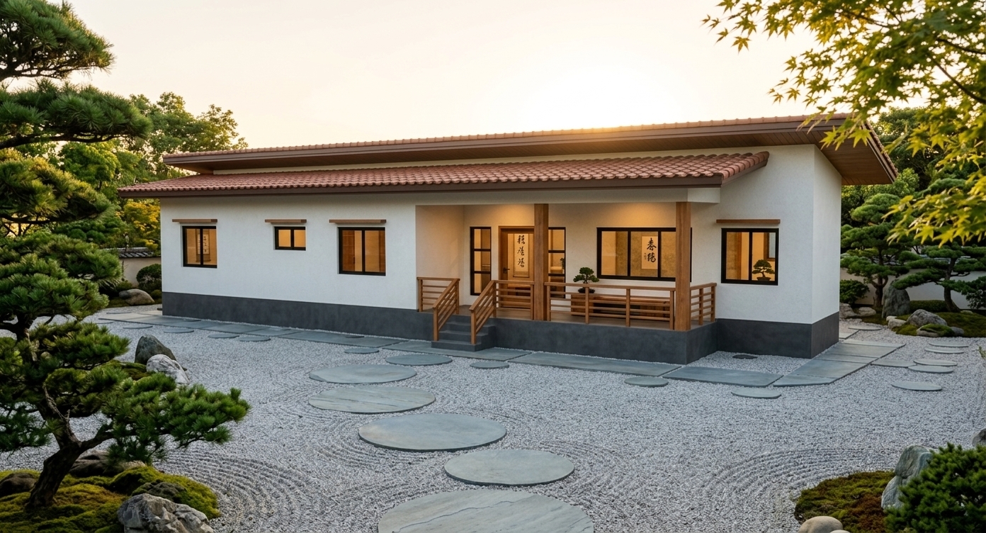 An incredibly lifelike, richly detailed, photorealistic exterior wide-angle shot of a serene, Japanese Zen-inspired single-story residence set in a tranquil, manicured summer outdoor garden at sunset. The scene is illuminated by the soft, golden radiance of the setting sun casting long, gentle shadows, creating a tranquil, harmonious, and wabi-sabi atmosphere. Captured with a professional full-frame camera and a 35mm architectural tilt-shift lens, emphasizing the crisp off-white stucco facade, the earthy reddish-brown roof tiles, and the rich grain of natural cedar wood elements. The elongated pavilion design features a dark charcoal concrete base, neat steps leading up to an open covered veranda with sleek wooden-and-metal railings, and black-framed windows that reflect the warm evening sky. Through the crystal-clear glass, uncluttered and balanced interiors are visible, showcasing low wooden furniture, minimalist Japanese calligraphy wall art, and delicate indoor bonsai plants bathed in warm ambient lighting. Outside, the home is embraced by raked gravel zen gardens, smooth stepping stones, moss accents, and sculptured Japanese black pine trees in shades of natural greens, creating a calm, simple, and timeless architectural composition worthy of a premium photography book.