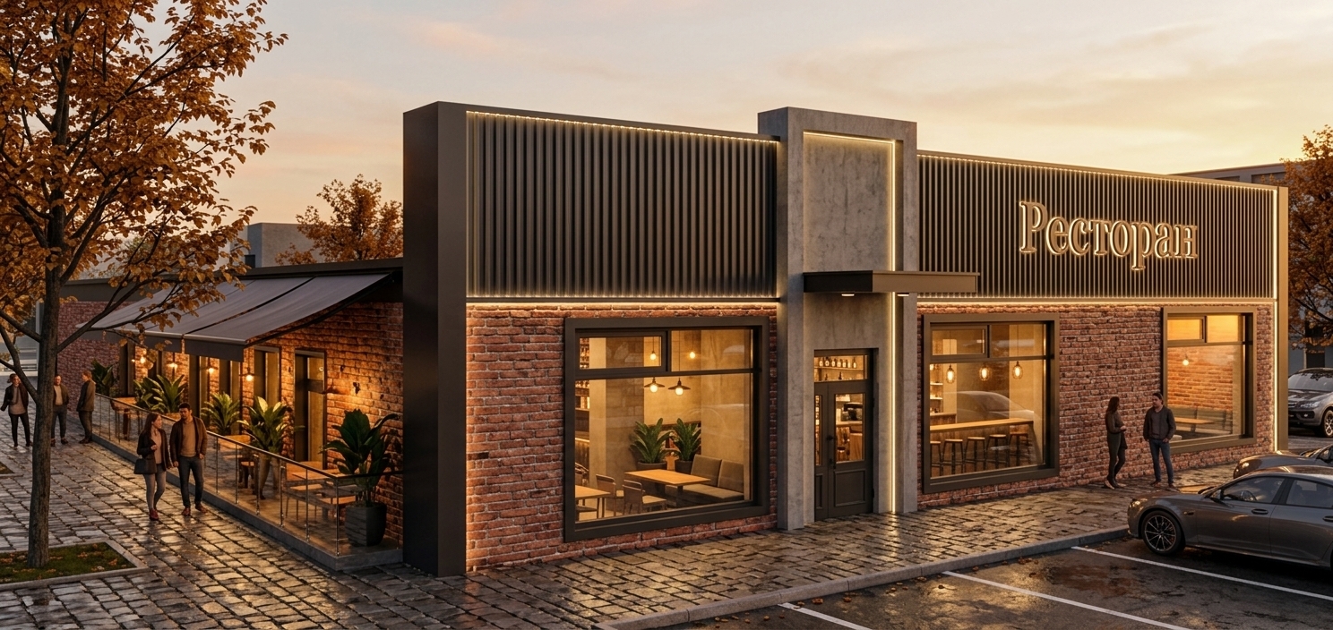 An incredibly lifelike, richly detailed, photorealistic wide-angle exterior architectural shot of a modern industrial loft-style restaurant set in an urban autumn streetscape. The scene is illuminated by the soft, warm golden glow of a low-hanging sunset and integrated linear LED contour lighting along the facade, creating an inviting, cozy, and sophisticated atmosphere. Captured with a professional full-frame camera and a 24mm tilt-shift lens, emphasizing the tactile rough red-brick masonry, vertical dark metal fluted panels, polished glass reflections, and wet cobblestone paving. Extending generously along the left side facade, a spacious outdoor summer terrace is enclosed by sleek frameless glass railings and sheltered under a large, elegant dark awning, beautifully furnished with warm industrial dining sets, ambient pendant glow, and lush potted greenery that blends seamlessly with the golden autumn foliage framing the building.