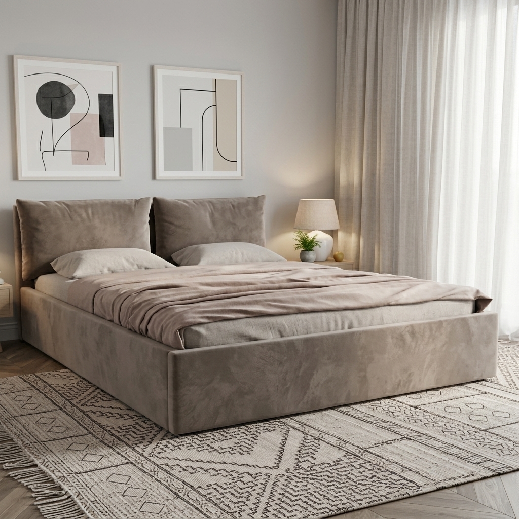 An incredibly lifelike, richly detailed, photorealistic eye-level interior perspective of a master bedroom set in a tranquil Scandinavian sanctuary. The scene is illuminated by soft, diffused natural daylight streaming through sheer floor-to-ceiling curtains paired with the warm, subtle glow of a bedside table lamp, creating a serene, airy, and hygge-inspired atmosphere. Captured with a professional 35mm architectural prime lens, emphasizing the tactile, plush sheen of the taupe velvet upholstered bed frame, the soft drape of the muted blush throw blanket, and the intricate geometric weave of the fringed area rug. In the background, dual minimalist abstract art pieces in light wood frames adorn the pale gray wall, while chevron-patterned hardwood floors and delicate potted greenery subtly enhance the organic, minimalist luxury of the space.