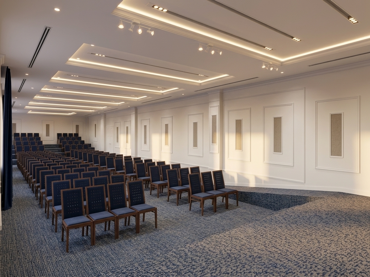 An incredibly lifelike, richly detailed, photorealistic wide-angle interior shot of an expansive, elegant meeting hall set in a modern corporate office complex during a serene summer sunset. The scene is illuminated by warm, ambient golden hour light subtly complemented by soft, concealed LED strip lighting recessed within the layered gypsum ceiling and directional spotlights, creating a refined, tranquil, and minimalist atmosphere. Captured with a professional full-frame camera and wide-angle architectural lens, emphasizing the tactile weave of the plush blue and neutral acoustic carpeting, the crisp shadows across the classic white wall panel moldings, and the neatly aligned seating rows with rich dark upholstery and smooth wooden frames. In the foreground, the warm textured presentation platform steps gracefully down into the tiered hall, while seamless white trim, elegant cornices, and matching flush white doors accentuate the hall’s sophisticated architectural rhythm and clean spatial design.