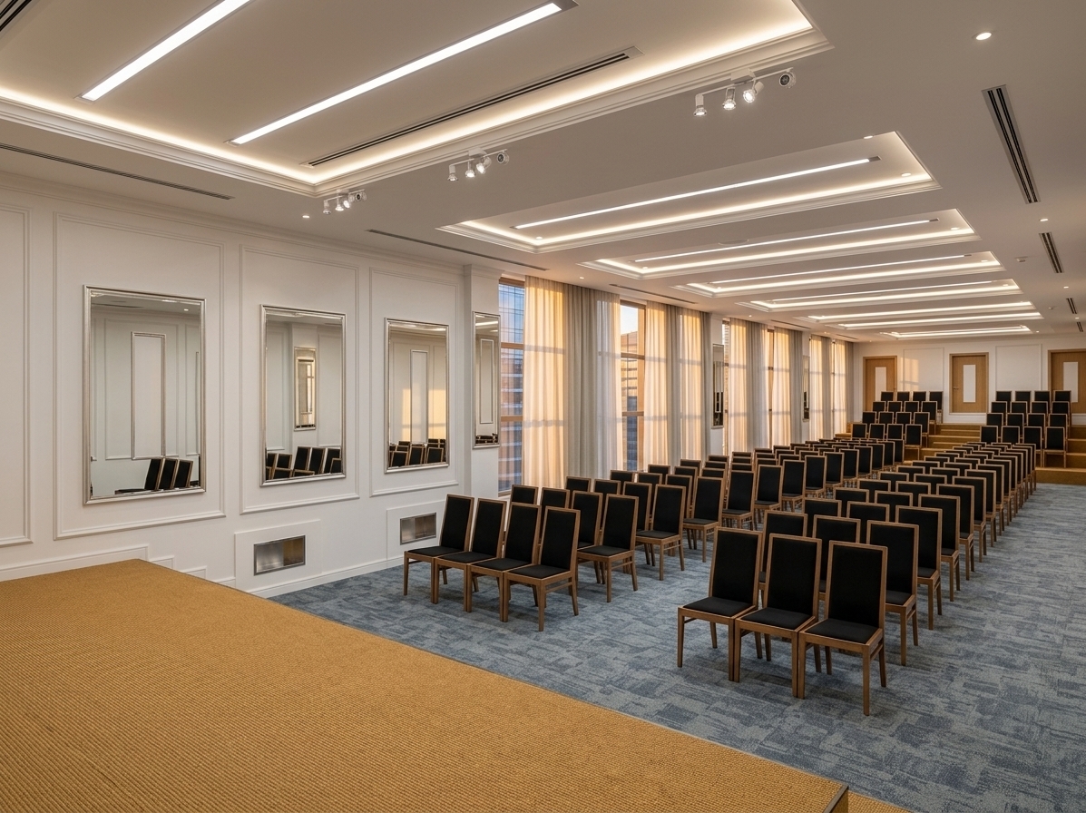 An incredibly lifelike, richly detailed, photorealistic wide-angle interior shot of a spacious executive meeting hall set in a modern corporate office environment during a warm summer sunset. The scene is illuminated by gentle, golden-hour daylight filtering through sheer-draped floor-to-ceiling windows combined with soft, concealed LED strip lighting recessed into the layered gypsum ceiling and architectural moldings, creating an elegant, focused, and prestigious atmosphere. Captured with a full-frame professional camera and a 24mm tilt-shift lens, emphasizing the tactile loop-pile texture of the warm ochre stage carpet, the plush muted-blue and grey floor carpeting, and the crisp relief of the classic white wall panel moldings and cornices. Neatly arranged rows of tailored chairs with natural wood frames and sleek black upholstery face the stage, gently rising toward stepped seating at the rear, while large windows reveal glimpses of adjacent contemporary office towers bathed in the ambient glow of dusk.