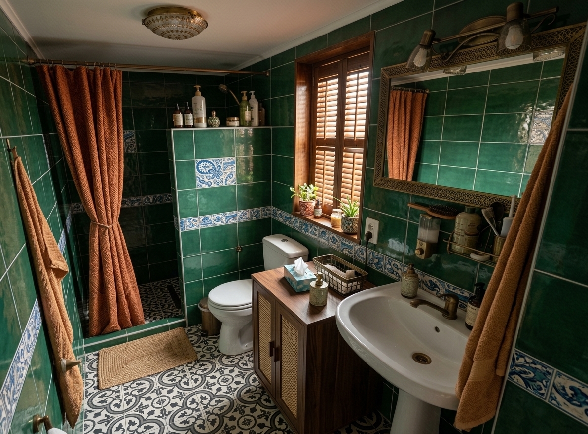 An incredibly lifelike, richly detailed, photorealistic wide-angle interior photograph of a reimagined traveler-inspired bathroom set in an eclectic home. The scene is illuminated by warm ambient wall sconces and soft natural light filtering through the window, creating a vibrant, inviting, and worldly atmosphere. Captured with a full-frame camera using a 24mm wide-angle lens, emphasizing the glazed green ceramic wall tiles, geometric flooring, and rich contrasting accents.

In this transformed layout, the washing machine has been replaced by an elegant, floor-standing dark wood vanity topped with a clean white ceramic basin and brushed brass fixtures, eliminating visual clutter and maximizing under-sink storage. The walls are wrapped in lush, deep emerald-green subway tiles that create a striking backdrop for the warm, burnt-orange textured fabric shower curtain. Below, the floor features classic black-and-white geometric mosaic tiles, bringing vintage charm and rhythmic contrast to the space. Thoughtful decorative touches like woven baskets, artisanal ceramic soap dispensers, and brass-framed mirrors complete the sophisticated "traveler's trove" aesthetic, seamlessly blending practical functionality with bold, bohemian luxury.