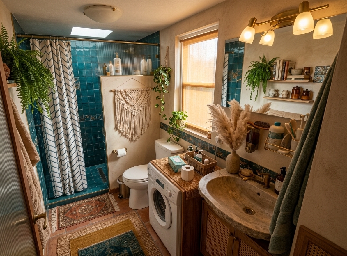 An incredibly lifelike, richly detailed, photorealistic wide-angle interior view of a transformed bathroom redesigned as a lush bohemian oasis. The scene is illuminated by soft, natural morning light filtering through an amber-tinted sheer window screen combined with warm, glowing brass wall sconces, creating a relaxed, free-spirited, and serene atmosphere. Captured with a 24mm f/2.8 wide-angle lens, emphasizing tactile woven fibers, handmade tile glazes, and verdant botanical textures. 

The original compact layout is elevated into a layered sanctuary featuring earthy terracotta floor tiles dressed in overlapping vintage Persian and woven jute runners in rich shades of warm rust, mustard, and deep teal. The outdated beige tiling is replaced by warm textured plaster walls accented with glossy deep-teal handcrafted zellige tiles in the walk-in shower, enclosed by sleek fluted glass and brushed antique brass hardware. A custom warm-wood and rattan-paneled vanity houses a rustic stone vessel sink alongside cleverly integrated cabinetry concealing the washer, adorned with curated open shelving that holds vintage photography books, handcrafted ceramic dishes, and amber apothecary jars. Above the toilet, an intricate macramé wall tapestry adds artisanal warmth, while lush hanging ferns, cascading trailing plants, and a vase brimming with fluffy pampas grass breathe vibrant natural life into every corner.
