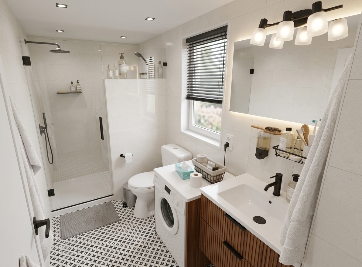 An incredibly lifelike, richly detailed, photorealistic wide-angle interior shot of a reimagined modern fusion bathroom set in a contemporary home. The scene is illuminated by soft natural daylight diffusing through a frosted window complemented by warm, integrated LED backlighting behind a sleek mirror and minimalist ceiling spotlights, creating a clean, airy, and rejuvenating atmosphere. Captured with a 24mm wide-angle lens, emphasizing the contrast between the small-scale geometric black-and-white floor tiles, smooth white ceramic surfaces, and warm neutral textures. The bulky washing machine and pedestal basin are replaced by an elegant, full-height, floor-standing vanity unit in rich fluted wood with sleek matte black hardware, elegantly crowned with a seamless white ceramic countertop basin and a modern minimalist faucet. In the background, the dated shower partition and curtain are replaced by a sleek, frameless clear glass walk-in enclosure with brushed black fixtures, while the walls are refreshed with subtle off-white large-format porcelain tiles, perfectly balancing timeless charm with functional, space-maximizing luxury.