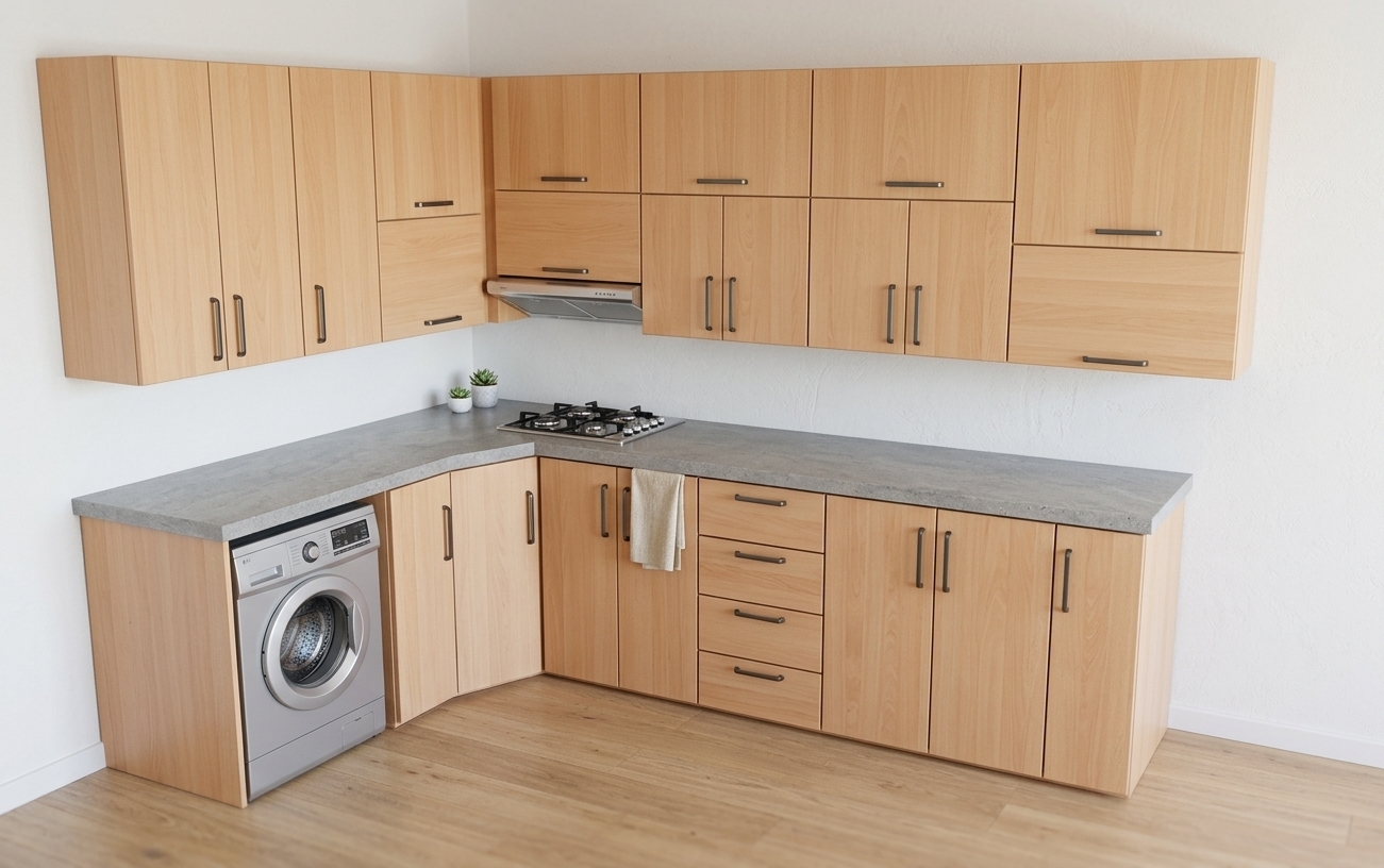 An incredibly lifelike, richly detailed, photorealistic wide-angle interior shot of a modern L-shaped kitchen set in a bright, airy coastal residence. The scene is illuminated by crisp, bright midday sunlight filtering softly into the room, creating a fresh, vibrant spring atmosphere kissed by a gentle coastal breeze. Captured with a professional 24mm tilt-shift lens, emphasizing the smooth, delicate grain of natural beech wood cabinetry, the cool tactile texture of the grey stone-composite countertop, and the refined contrast of sleek dark cabinet pulls. An integrated silver washing machine is neatly recessed below the counter beside a corner storage unit, while the built-in gas cooktop and slim stainless-steel range hood blend seamlessly against the crisp white wall backdrop, exuding effortless coastal elegance and functional modern design.