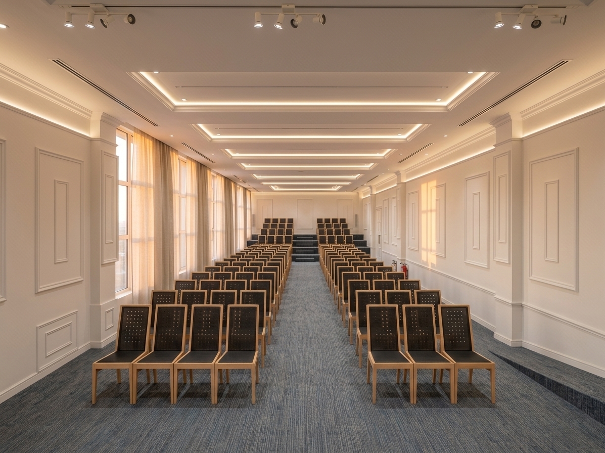 An incredibly lifelike, richly detailed, photorealistic wide-angle eye-level shot of a sophisticated meeting hall set in an upscale corporate office during a tranquil summer sunset. The scene is illuminated by warm, golden-hour light softly glowing through the tall left-hand windows and sheer linen curtains, seamlessly blended with subtle, recessed linear LED strip lighting tucked into the multi-tiered gypsum ceiling trays and architectural wall profiles, creating an elegant, focused, and minimalist haven atmosphere. Captured with a 24mm architectural tilt-shift lens on a full-frame camera, emphasizing the crisp geometry of classic white-paneled wall moldings, fine-grained fabric textures on the ocean-blue and heather-grey commercial carpeting, and the clean, rhythmic alignment of natural wood and dark-mesh executive auditorium chairs leading toward the elevated rear tier under a beautifully finished molded cornice.