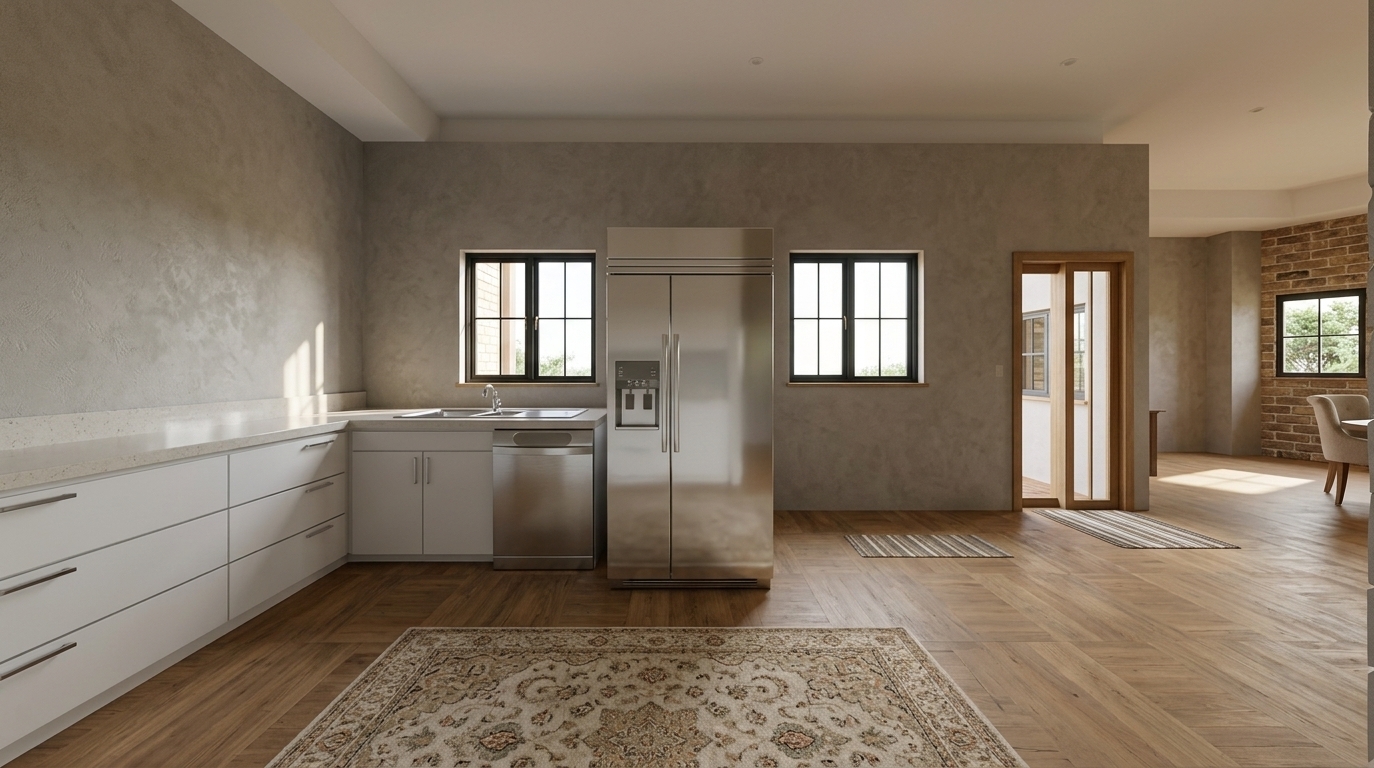 An incredibly lifelike, richly detailed, photorealistic wide-angle interior shot of a spacious, sustainable modern kitchen set in a bright coastal residence. The scene is illuminated by crisp, natural midday spring sunlight casting soft directional shadows through black-framed casement windows, creating a warm, calm, and biophilic atmosphere. Captured with a full-frame architectural camera and a 24mm tilt-shift lens, emphasizing rich material textures, subtle wood grains, and precise surface reflections. Grounding the space, a large, plush Persian-inspired rug featuring intricate, muted neutral motifs in beige, soft cream, and subtle earthy accents rests over an expansive, sustainable natural wood parquet floor with an authentic matte, non-glossy finish and delicate grain variation between planks. Sleek, minimalist matte white base cabinetry with sleek horizontal handles is crowned by a polished light stone countertop, seamlessly integrating with a brushed stainless-steel dishwasher and a gleaming double-door refrigerator. In the background, textured lime-plastered walls, a warm timber-framed patio doorway, and a peek into an exposed brick dining area complete this masterfully balanced, eco-conscious interior.