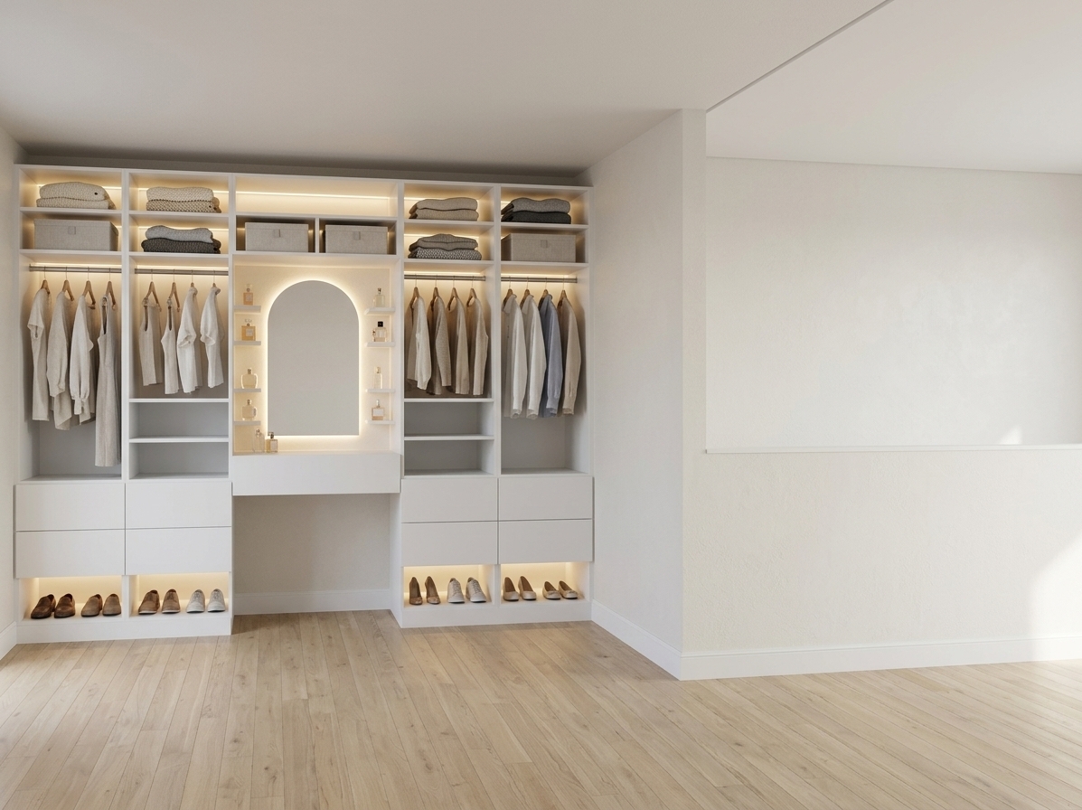 An incredibly lifelike, richly detailed, photorealistic eye-level interior photograph of a custom modular wardrobe and dressing vanity set in a sunlit, coastal-inspired luxury bedroom. The scene is illuminated by gentle daylight blended with hidden warm LED strip lighting and a soft ambient halo glowing from behind a sophisticated, frameless arched vanity mirror, creating a serene, luminous, and cozy atmosphere. Captured with a professional full-frame camera and a sharp 35mm architectural lens, emphasizing ultra-matte pure white cabinetry finishes, refined joinery details, and light oak floorboards. 

Every section of the built-in system is finished in a seamless, pristine white palette, from the crisp plinths to the smooth pull-out drawers and slim shelving. The tall modular sections feature sleek hanging rails with neatly spaced linen garments on wooden hangers, while the upper compartments display carefully folded neutral-toned knitwear and fabric storage boxes. In the lower open niches above the white baseboards, a curated collection of stylish shoes is cleanly arranged, while the central arched makeup nook—adorned with delicate glass perfume bottles and bathed in warm backlight—radiates effortless coastal elegance.