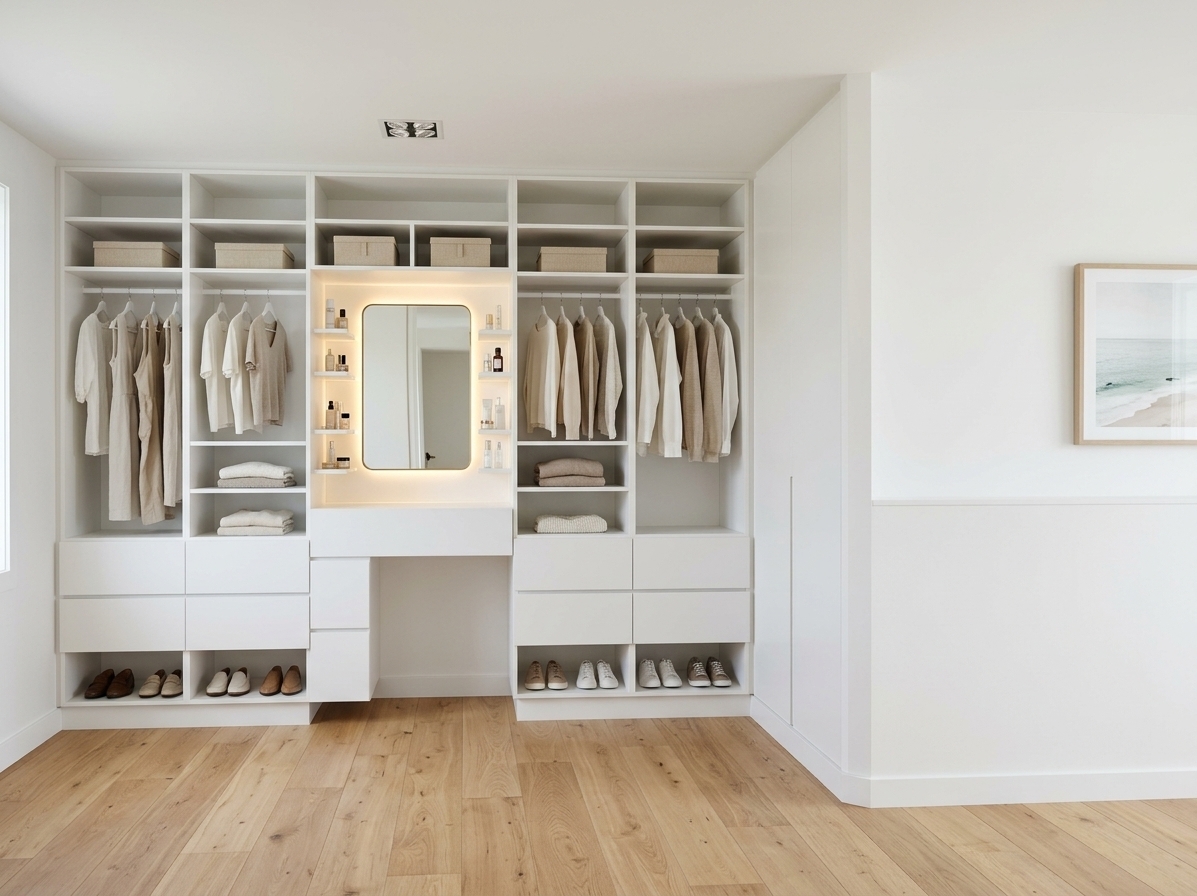 An incredibly lifelike, richly detailed, photorealistic eye-level interior architectural shot of a custom floor-to-ceiling white wardrobe and integrated vanity station set in a bright, modern bedroom filled with a fresh coastal breeze. The scene is illuminated by soft, warm LED strip lighting glowing from behind an elegant arched vanity mirror and subtle recessed ceiling spotlights, creating an inviting, serene, and luxurious atmosphere. Captured with a professional full-frame camera and a 35mm architectural tilt-shift lens, emphasizing the crisp satin-matte white joinery, smooth millwork edges, and natural fabric textures. 

The entirely seamless, all-white closet structure extends down to matching white plinths, featuring sleek brushed-metal hanging rails with curated neutral-toned linen garments on matching hangers. Open upper and mid shelves display impeccably folded cotton sweaters and minimalist organizer boxes, while flanking cosmetic shelves frame the backlit arched mirror above the vanity counter. Along the lowermost open cubbies above the baseboard, neat pairs of designer loafers and sneakers sit handsomely arranged above warm, sun-kissed light oak flooring, perfectly balancing functional bespoke craftsmanship with effortless coastal elegance.
