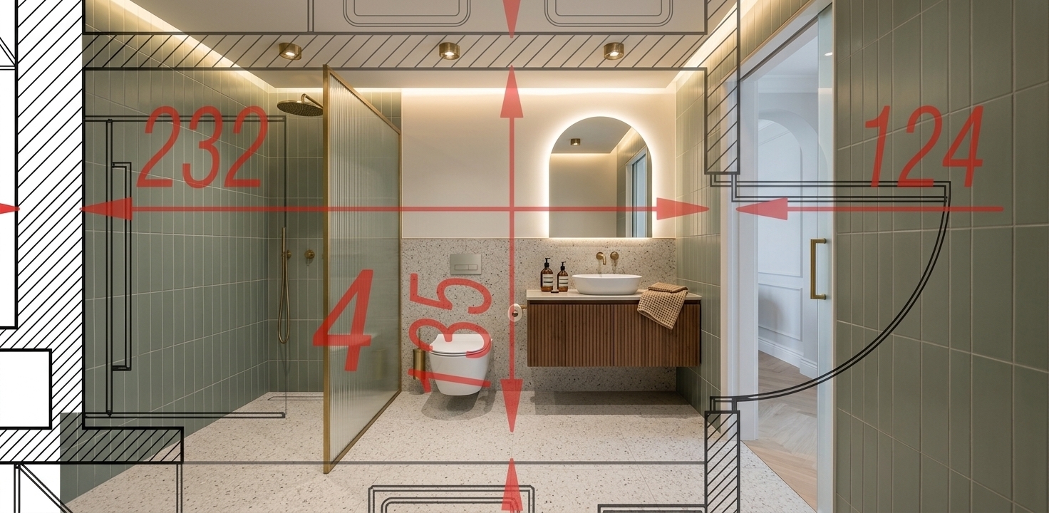 An incredibly lifelike, richly detailed, photorealistic wide-angle interior photograph of a thoughtfully designed mid-century modern bathroom set in an elegant urban residence. The scene is illuminated by warm, concealed perimeter ceiling lighting and the soft, ambient halo of an arched LED-backlit mirror, creating a cozy, serene spa atmosphere. Captured with a high-resolution architectural camera and an ultra-wide lens, emphasizing the rich textures of walnut wood cabinetry, sage-green vertical ceramic tiles, brushed brass hardware, and light speckled terrazzo floor tiles. At the far end of the space, a spacious 0.9m by 1.35m walk-in shower is enclosed by a sleek ribbed glass screen, showcasing a luxurious brushed brass rainfall showerhead and a softly lit, integrated tiled niche stocked with amber glass apothecary bottles. Along the adjacent wall sits a minimalist wall-hung ceramic toilet, leading forward to a floating ribbed-walnut vanity with an undermount vessel sink and brass fixtures, delivering a masterclass in compact, sophisticated mid-century functionality.