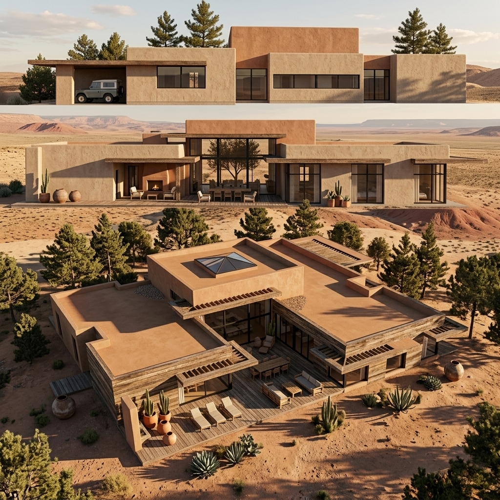 An incredibly lifelike, richly detailed, photorealistic wide-angle architectural shot of a modern desert retreat exterior set in a vast, arid Southwestern landscape. The scene is illuminated by brilliant, sun-drenched late-afternoon light casting long, geometric shadows, creating a tranquil, warm, and serene atmosphere. Captured with a medium format camera and a 35mm architectural tilt-shift lens, emphasizing the rich, coarse textures of terracotta, beige adobe plaster, and weathered rustic wooden beams. The composition showcases clean, minimalist structural lines complemented by pared-down outdoor surfaces, low-profile rustic wood seating, and an artful arrangement of sculptural potted cacti and desert succulents against warm neutral earth tones. In the background, sweeping desert plains and subtle rolling mesas stretch toward a soft, haze-free horizon, evoking the polished, timeless elegance of a fine-art architectural photography book.