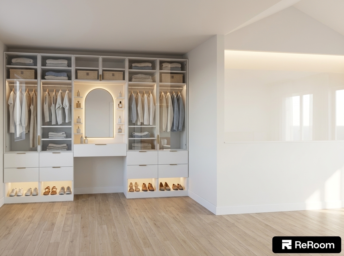An incredibly lifelike, richly detailed, photorealistic wide-angle interior shot of a bespoke modern wardrobe and dressing suite set in an airy, coastal-inspired master bedroom. The scene is illuminated by soft, ambient daylight blending with warm, integrated LED cove backlighting along the shelving, creating a luminous, serene, and sophisticated atmosphere. Captured with a full-frame architectural lens, emphasizing crisp matte-white surfaces, smooth light oak flooring, and the sleek new reflective glass doors fitted above the base drawers that seamlessly encase the upper wardrobe compartments while mirroring the sunlit space. The composition highlights the glowing arched vanity mirror at the center, impeccably organized clothing hanging behind subtle glass reflections, and illuminated lower footwear displays, capturing the essence of effortless luxury refreshed by a light coastal breeze.