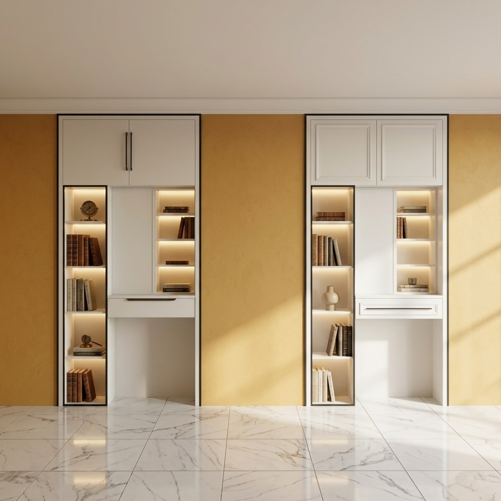 An incredibly lifelike, richly detailed, photorealistic eye-level interior architectural photograph of a pair of bespoke built-in study and storage cabinets set in a luxurious contemporary home office. The scene is illuminated by gentle, streaming natural afternoon daylight casting soft diagonal shadows across warm ochre-yellow accent walls, beautifully complemented by integrated warm LED strip lighting tucked beneath the shelves, creating an inviting, serene, and sophisticated atmosphere. Captured with a 35mm architectural tilt-shift lens, emphasizing the matte white lacquer finishes, refined black metal trims, and polished Calacatta marble floor tiles with graceful grey veining. The illuminated vertical shelving displays curated collections of elegant hardcover books and art volumes, while the minimalist and framed upper cabinetry adds depth and contemporary elegance to the study niches.