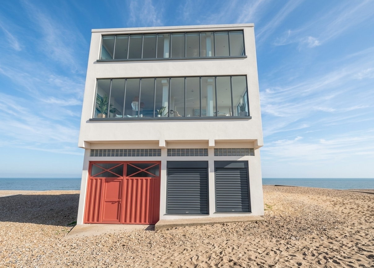 An incredibly lifelike, richly detailed, photorealistic low-angle architectural shot of a modern coastal building exterior set along a sloping seaside terrain covered in sunlit gravel. The scene is illuminated by crisp, radiant midday spring sunlight under an expansive azure sky filled with soft cirrus clouds, creating an airy, light, and sun-kissed atmosphere filled with the fresh energy of an offshore coastal breeze. Captured with a professional architectural tilt-shift lens on a full-frame camera, emphasizing the smooth, crisp white stucco facade, reflective panoramic ribbon windows, and textured pebble ground, the composition highlights clean geometric lines and open structural elegance. At the street level, a bold, maritime-inspired coral-red paneled entrance provides an inviting, relaxed focal point alongside sleek neutral rolling shutters and transom glass block accents. Through the vast, tinted upper-level windows, glimpses of bright, uncluttered interiors feature a beachy palette of soft blues, crisp whites, and sandy neutrals, complemented by natural wooden elements, lush potted plants, and minimalist coastal decor that together radiate casual luxury and effortless charm.