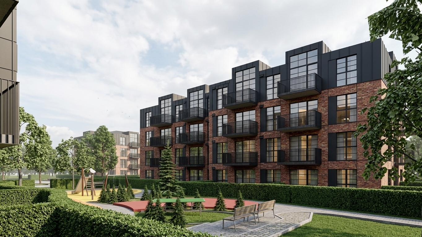 A crisp architectural photograph capturing the modern apartment complex under natural daylight, precisely preserving the exact geometry, perspective, and framing of the scene. The facade features tactile red and orange brick textures contrasted by matte charcoal metal cladding and sharp black window frames, with natural glass reflections and gentle warm interior lighting visible in select apartments. The landscaped foreground showcases authentic green lawn textures, manicured hedges, realistic evergreen pine trees, wood-slat benches, and a playground area on colored safety surfacing. The scene is illuminated by balanced, soft sunlight creating subtle natural shadows, captured on a wide-angle architectural lens with realistic depth of field, rich material micro-textures, and neutral color fidelity.