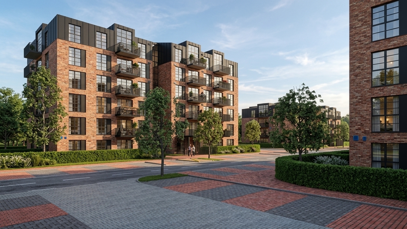 An eye-level architectural photograph capturing this modern apartment complex in crisp natural daylight. The buildings feature tactile, multi-toned red and orange brick masonry contrasted against matte black metal cladding and balcony railings. Floor-to-ceiling windows display realistic exterior reflections alongside warm interior ambient lighting. Balconies are subtly detailed with residents and colorful potted flowers, while the paved courtyard features authentic interlocking stone textures, lush green trees, trimmed hedges, and parked cars. Shot with a professional wide-angle architectural lens, the image exhibits balanced natural exposure, soft directional shadows, true-to-life surface textures, and clean depth of field.