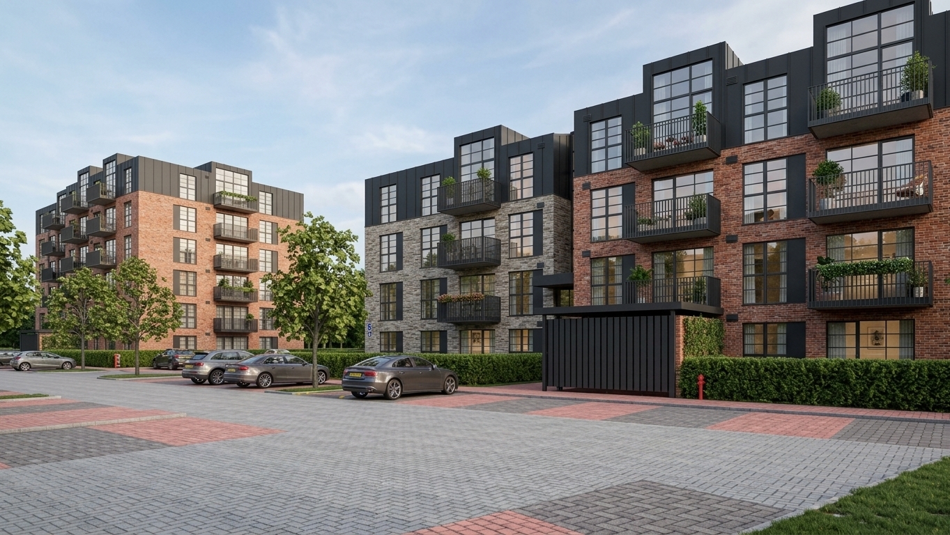 A crisp architectural photograph capturing the modern multi-story residential buildings in bright daylight, preserving the exact camera perspective, structure, and composition. The facades feature detailed, tactile red and orange brickwork accented by matte charcoal metal cladding and realistic double-glazed windows reflecting the sky, with warm ambient lights glowing softly from some interiors. Balconies are subtly populated with lush potted flowers and occasional residents, while the foreground shows realistic textured interlocking concrete pavers with natural weathering, properly parked cars, and dense, lifelike green hedges and trees. Shot with an architectural tilt-shift lens under clear daytime sunlight, creating sharp geometric lines, balanced natural shadows, and a clean, high-end photographic finish.