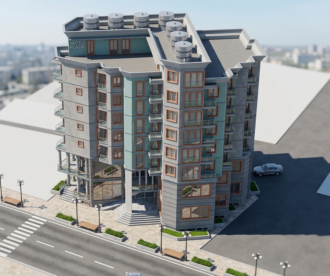 An incredibly lifelike, richly detailed, photorealistic elevated bird's-eye exterior shot of a modern, multi-story mixed-use corner building set in a clean, contemporary urban district during mid-spring. The scene is illuminated by bright, natural midday sunlight casting sharp, realistic shadows across the articulated gray stucco and soft teal paneled facades, creating a vibrant and sophisticated atmosphere. Captured with a high-end architectural tilt-shift lens, emphasizing the crisp geometric window casings in warm terracotta tones, the transparent glass railings on the stepped balconies, and the glossy reflections on the expansive ground-floor exhibition and retail storefronts. Elegant streetlamps, minimalist green landscaping planters, and polished asphalt crosswalks flank the wide plaza entrance, completing a seamless, high-end commercial and residential visualization.