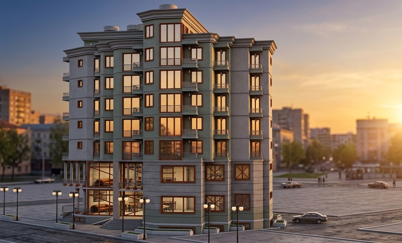 An incredibly lifelike, richly detailed, photorealistic eye-level three-quarter architectural shot of a modern mid-rise residential and gallery building set in a dynamic urban streetscape during a serene spring evening. The scene is illuminated by the golden, radiant glow of the setting sun casting long, soft shadows against the muted gray and sage-green facades, creating an inviting, sophisticated metropolitan atmosphere. Captured with a professional 24mm tilt-shift lens, emphasizing the crisp edges of cantilevered balconies, warm rust-toned window mullions, and polished architectural details. The lower levels open into a spacious double-height exhibition space through grand glass expanses, revealing glimpses of an industrial loft aesthetic with exposed beams, polished concrete flooring, vintage leather seating, and metal-and-reclaimed-wood furnishings inside, while elegant vintage streetlamps and tidy sidewalks seamlessly integrate the structure into its city surroundings.
