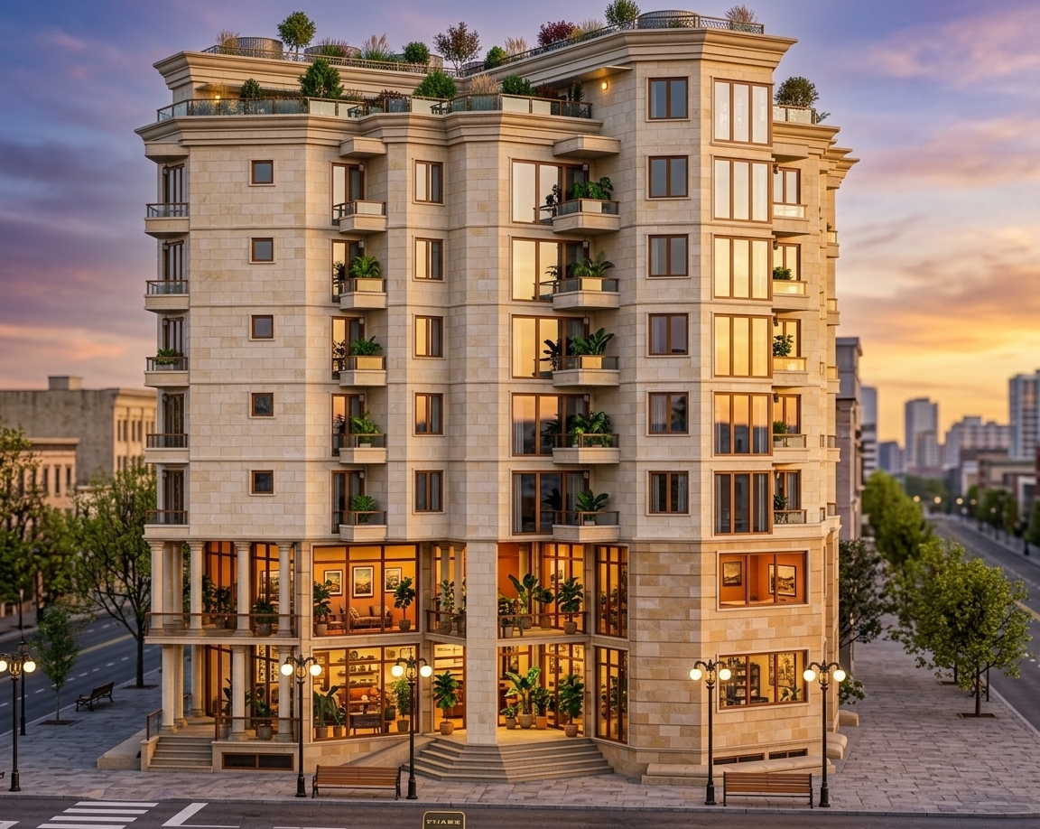 An incredibly lifelike, richly detailed, photorealistic low-angle exterior architectural shot of a modern-classical mixed-use building set in a vibrant urban boulevard in mid-spring. The scene is illuminated by the radiant golden hues of a dramatic sunset, casting long, soft shadows and creating a worldly, cultured, and adventurous atmosphere. Captured with a 35mm tilt-shift architectural lens at f/8, emphasizing the crisp stone molding, rich timber-toned window mullions, and polished glass reflections. 

Through the soaring double-height storefront windows, the ground-floor "Traveler's Trove" exhibition space glows warmly, revealing an eclectic interior styled in shades of earthy terracotta and ochre with vibrant global accents, walls adorned with framed travel-inspired art and photography books, lush potted indoor plants, and a layered curation of vintage and modern furniture. Above, the multi-story residential facade features elegant recessed balconies with glass railings, framed bay windows catching the evening light, and lush rooftop terrace greenery standing gracefully against the twilight sky.