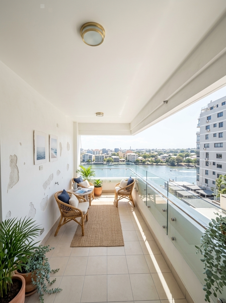 An incredibly lifelike, richly detailed, photorealistic wide-angle shot of an airy, redesigned high-rise balcony patio overlooking a sunlit waterfront and bustling cityscape. The scene is illuminated by bright, natural midday sunlight and a soft coastal breeze that gently filters beneath the clean white ceiling canopy, creating a fresh, relaxed, and sun-kissed nautical atmosphere. Captured with a 24mm f/2.8 wide-angle lens, emphasizing the tactile textures of handwoven wicker, bleached teak wood, textured linen, and smooth sand-colored porcelain floor tiles. The previously dark, weathered walls are transformed into luminous, crisp off-white limewash surfaces accented with minimalist framed seascape wall art, while the deep enclosure opens gracefully toward panoramic river views framed by a modern, seamless glass railing. Arranged thoughtfully along the terrace are honey-toned wicker armchairs layered with soft navy and cream linen cushions, centered around a natural teak coffee table displaying an open coastal photography book, a stoneware water jug, and delicate ceramic dishes on its uncluttered surface. Lush terracotta potted plants, including slender Mediterranean palms and cascading eucalyptus, line the edges to introduce vibrant organic energy, perfectly balancing human scale with an inviting, breezy coastal elegance rendered in an uplifting palette of ocean blues, sandy neutrals, and pure whites.