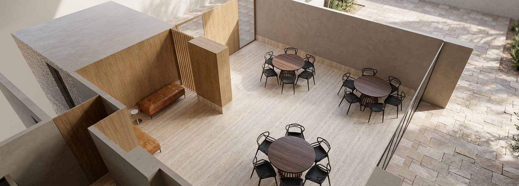 A high-angle architectural photograph capturing the exact room layout, illuminated by soft natural ambient daylight filtering from the open sides. The floor features realistic matte travertino porcelain tiles with subtle veining and faint surface reflections. The accent walls framing the bench seating showcase smooth, warm-toned wood veneer MDF panels with delicate grain patterns. The dining arrangements consist of matte black circular tabletops supported by slatted wood bases, accompanied by elegant black designer chairs casting gentle, soft-edged contact shadows. Clean neutral wall finishes, glass panel doors framed in natural wood, and crisp material textures give the cutaway perspective an authentic, photographic feel with balanced dynamic range.
