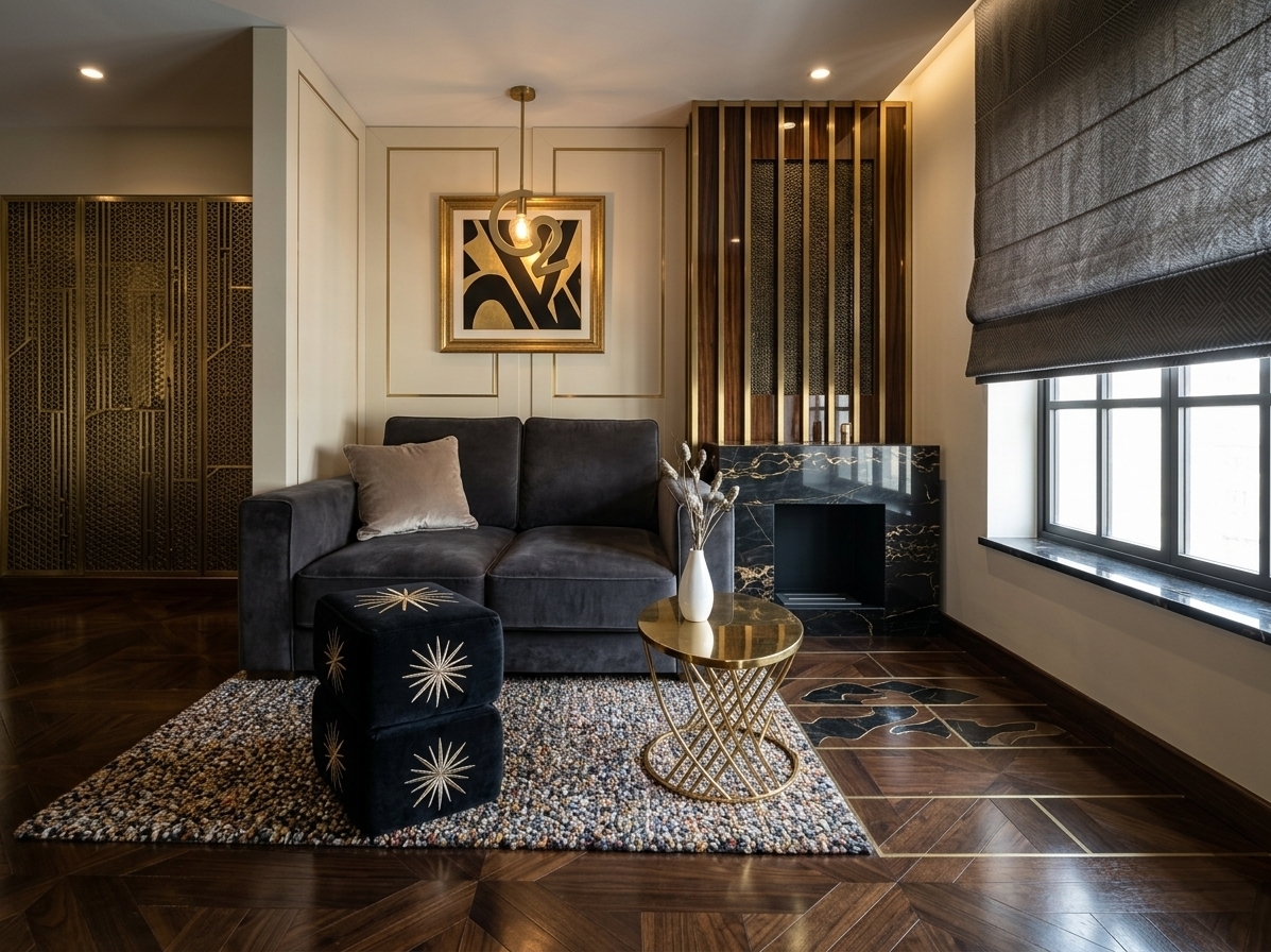 An incredibly lifelike, richly detailed, photorealistic wide-angle interior photograph of an opulent Art Deco living room set in an upscale modern penthouse. The scene is illuminated by soft daylight filtering through heavy, textured Roman shades on the large right-hand window, accented by the warm, gilded glow of recessed fixtures, creating a dramatic, chic, and glamorous atmosphere. Captured with a professional full-frame camera and a 24mm tilt-shift lens, emphasizing the rich interplay of polished surfaces, deep jewel tones, and lustrous gold accents. In the center, a plush, tailored sofa in deep charcoal velvet rests against sleek, cream-paneled walls, anchored by a framed piece of bold graphic modern art and a minimalist pendant light above. In the foreground, a structured black-and-gold geometric pouf and an intricate, hourglass-shaped gilded wire side table adorned with a sleek porcelain vase rest upon a soft, speckled area rug. To the right, a streamlined fireplace clad in polished black marble with dramatic gold veining adds architectural weight, seamlessly reflecting the luxurious, symmetrical aesthetic of the room's high-gloss wood floors.
