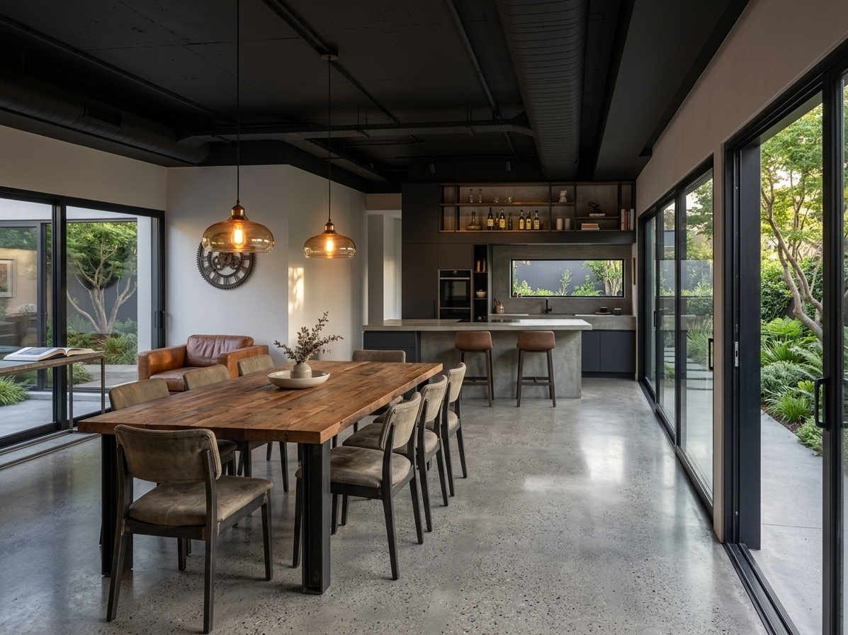 An incredibly lifelike, richly detailed, photorealistic wide-angle interior photograph of an industrial loft dining room and open-concept living area set in a revitalized urban warehouse. The scene is illuminated by streams of soft natural light pouring through floor-to-ceiling steel-framed glass sliding doors and accented by warm amber Edison filament pendants, creating a moody, rugged, and sophisticated atmosphere. Captured with a high-resolution 35mm lens, emphasizing the raw tactile contrast of polished gray concrete flooring, exposed ductwork overhead, matte black finishes, and rich oxidized rust accents. At the center sits an expansive dining table made of salvaged reclaimed hardwood mounted on heavy blackened steel I-beam legs, surrounded by industrial chairs upholstered in distressed canvas and iron frames. In the background, the minimalist kitchen features textured concrete countertops, matte charcoal cabinetry, and architectural wire-mesh open shelving, while an oversized vintage industrial gear wall clock and an open art photography book on a nearby metal console elevate the loft's curated edge. Adjacent to the dining space, a worn cognac vintage leather sofa anchors a cozy lounge corner, harmoniously balancing the raw architectural elements with lived-in warmth.
