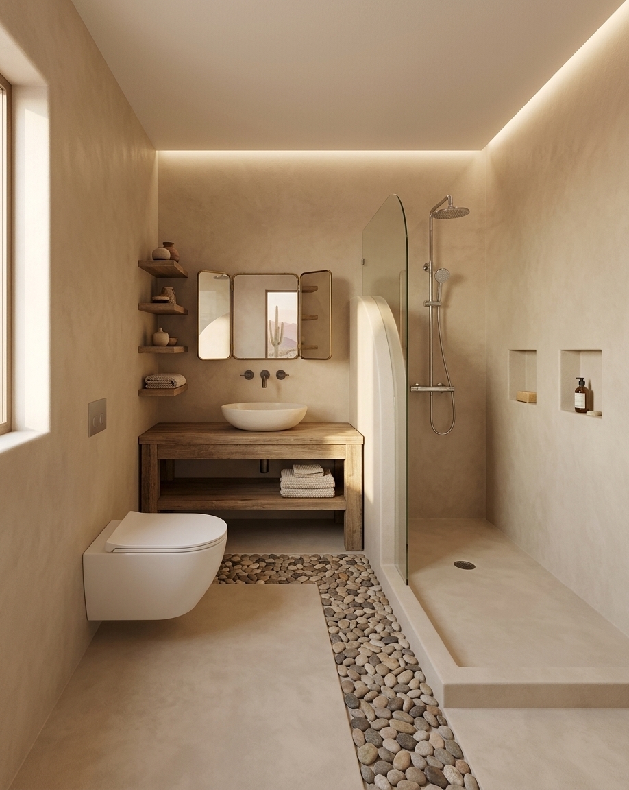 An incredibly lifelike, richly detailed, photorealistic wide-angle interior shot of a luxurious bathroom set in a serene desert retreat. The scene is illuminated by soft, warm sunlight filtering in alongside gentle ambient recessed lighting, creating a tranquil, earthy, and spa-like atmosphere. Captured with a full-frame camera and a 24mm wide-angle lens, emphasizing the tactile textures of smooth micro-cement walls, natural timber, and earthy stone elements. The central focus is a rustic yet modern open-shelf wooden vanity topped with a smooth ceramic vessel basin, wall-mounted matte metal hardware, and a classic three-panel angled mirror reflecting soft desert light. On the left wall, three floating minimalist shelves hover beside a sleek, wall-hung floating toilet. Across the polished concrete floor, a decorative recessed strip of naturally rounded river pebbles adds organic texture underfoot, leading toward an open walk-in shower on the right. The shower is framed by a gently curved glass partition and features polished chrome fixtures paired with dual recessed niches seamlessly set into the sand-toned plaster wall.