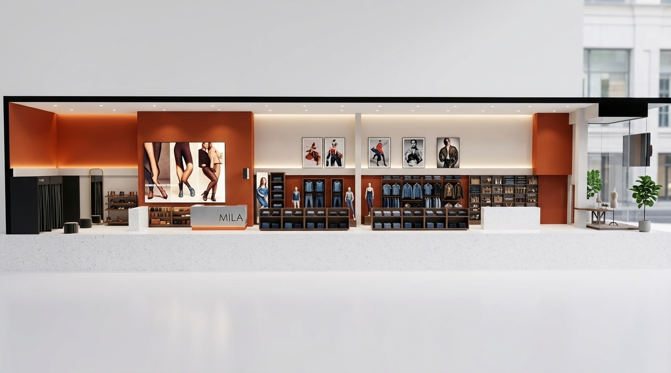 An incredibly lifelike, richly detailed, photorealistic wide architectural interior elevation shot of a modern fusion fashion boutique named "MILA" set in an upscale urban retail district. The scene is illuminated by crisp, recessed ceiling LEDs and soft ambient cove lighting that casts warm glows against bold burnt-orange accent walls and backlit graphic lightboxes, creating a sleek, dynamic, and high-energy shopping atmosphere. Captured with a high-end tilt-shift lens, emphasizing the matte black modular display units, polished white terrazzo cash wrap, and finely brushed metallic garment racks. The long, open-concept layout transitions seamlessly from private changing suites and footwear shelves on the left to meticulously organized denim bays, stylized mannequins, and an intricate accessory grid on the right, punctuated by touches of smooth wooden millwork, curated photography books, abstract visual art, and subtle lush greenery near the glazed storefront display.