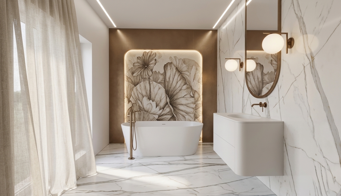 An incredibly lifelike, richly detailed, photorealistic interior photograph of a luxurious master bathroom set in an upscale contemporary residence. The scene is illuminated by soft, diffused midday summer light filtering gently through a flowing sheer floor-to-ceiling curtain on the left, perfectly balanced by warm, subtle glow from integrated linear ceiling coves and twin frosted-globe wall sconces, creating a calm, opulent, and spa-like atmosphere. Captured with a full-frame architectural camera and a 24mm tilt-shift lens, emphasizing the exquisite grey and gold veining of the large-format white marble surfaces, the soft satin sheen of the brushed bronze fixtures, and the pristine micro-texture of the freestanding oval composite bathtub. The tub rests centered before an elegant recessed archway featuring a delicate, sepia-toned botanical lotus mural bordered by a warm metallic panel with soft hidden halo lighting. To the right, a floating curved-edge white vanity with an integrated basin and minimalist bronze wall-mounted spout is seamlessly complemented by a tall, pill-shaped bronze-framed mirror reflecting natural ambient highlights, while precise contact shadows, realistic material roughness, and physically accurate light reflections lend the composition genuine editorial authenticity and uncompromising architectural elegance.