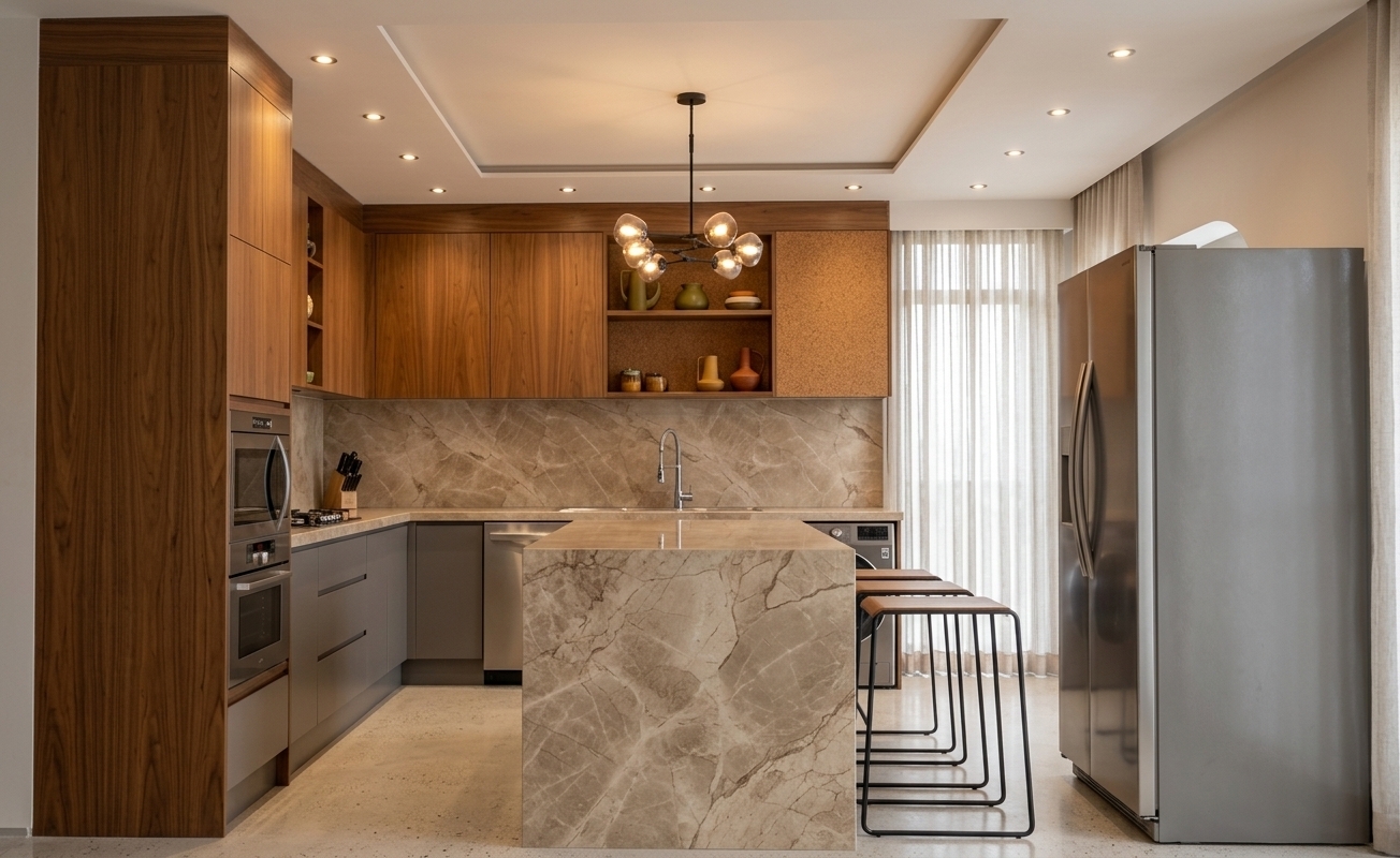 An incredibly lifelike, richly detailed, photorealistic wide-angle interior photograph of a sleek mid-century modern kitchen set in a contemporary luxury apartment. The scene is illuminated by soft, diffused daylight filtering through sheer full-height curtains and complemented by warm recessed ceiling spotlights and the ambient glow of an iconic black sculptural branching chandelier, creating an inviting, sophisticated, and uncluttered atmosphere. Captured with a 24mm architectural tilt-shift lens, emphasizing the fine veining of the warm beige waterfall marble island, rich teak and walnut cabinetry accents, seamless matte gray lower panels, and polished stainless steel appliances. The uncluttered layout features clean linear silhouettes, wireframe black barstools, a sleek goose-neck faucet, and subtle mid-century decorative accents with earth-toned palettes, creating a timeless and functional culinary space.