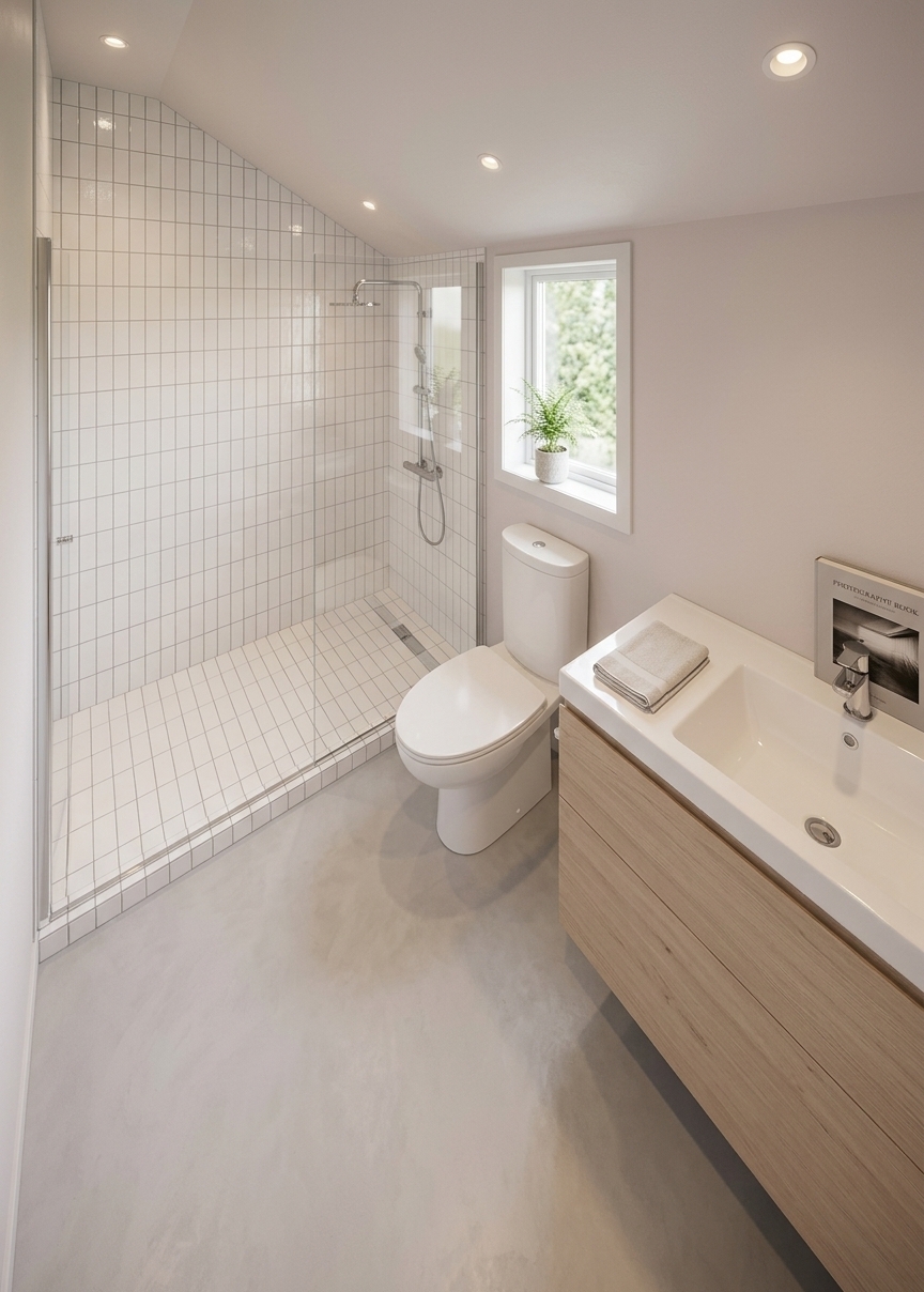 An incredibly lifelike, richly detailed, photorealistic wide-angle interior shot of a minimalist bathroom haven set in a serene, contemporary residence with an angled ceiling. The scene is illuminated by gentle morning daylight pouring through the clean-framed window alongside soft, recessed warm LED spotlights, creating an uncluttered, tranquil, and Zen-inspired atmosphere. Captured with a professional 24mm architectural tilt-shift lens, emphasizing the tactile contrast between glossy white vertical subway tiles within the walk-in glass shower, seamless microcement floors, and the refined grain of a light wood floating vanity. The composition showcases pristine, streamlined fixtures—including a polished chrome rainfall shower system, an elegant modern ceramic toilet, and an integrated rectangular washbasin with a minimalist sleek metal faucet. Subtle, elegant accents such as a delicate potted indoor plant on the windowsill, a carefully placed photography book, and a palette dominated by warm whites, serene grays, and soft pastel undertones bring absolute clarity and sophisticated simplicity to this functional sanctuary.