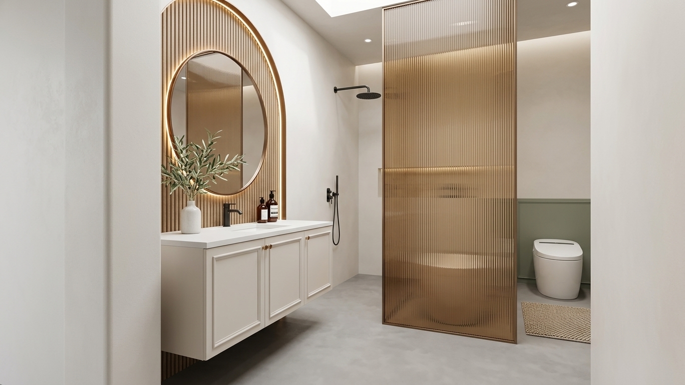 An incredibly lifelike, richly detailed, photorealistic wide-angle interior photograph of a refined contemporary bathroom sanctuary set in an upscale minimalist residence. The scene is illuminated by soft, diffused natural daylight cascading through an unseen skylight, paired with subtle, warm ambient backlighting behind the mirror, creating a calm, serene, and sophisticated atmosphere. Captured with a 24mm architectural tilt-shift lens on a full-frame camera, emphasizing the pristine matte surfaces, organic textures, and precise spatial geometry.

To the left, a tailored floating vanity finished in a warm pearl white tone commands attention, detailed with gentle recessed molding and slim champagne-bronze round knobs. Resting on its seamless white solid-surface countertop is an undermount basin paired with an ultra-matte black designer faucet, accompanied by a minimalist white ceramic vase holding delicate green olive branches and bespoke amber glass apothecary bottles. The vanity is framed by a striking floor-to-ceiling accent feature: an arched panel composed of finely textured warm-toned vertical wood slats, inset with a circular vanity mirror trimmed in a slender bronze rim that glows with soft halo illumination.

Delineating the wet area in the center is a magnificent floor-to-ceiling partition of amber-tinted fluted glass that captures the ambient light, casting warm, dimensional reflections across the space. Above, a minimalist matte black rain showerhead extends crisply from the wall, adding a bold architectural contrast. 

To the right, a state-of-the-art, clean-lined smart toilet with smooth ceramic curves sits gracefully against a low wainscot panel finished in a muted sage green, adding a gentle pop of understated earthy color. The entire space is grounded by continuous, seamless soft gray microcement flooring with a subtle satin sheen, flowing effortlessly beneath immaculate warm white and pearl plaster walls, perfectly encapsulating a light-filled, balanced, and timeless aesthetic.