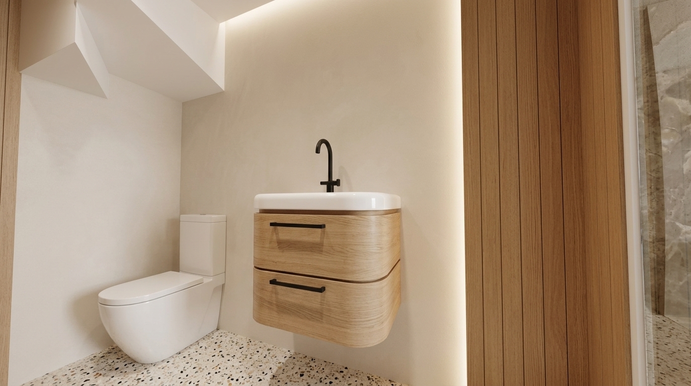 An incredibly lifelike, richly detailed, photorealistic eye-level interior shot of an elegant powder room set in a high-end contemporary residence. The scene is illuminated by soft, diffused ambient light paired with warm recessed architectural illumination, creating an airy, sophisticated, and tranquil atmosphere. Captured with a 35mm architectural lens, emphasizing the fine organic wood grain, smooth ceramic finishes, and tactile terrazzo textures. At the center, a floating curved-edge vanity crafted from light natural oak features slim matte black hardware and a sleek integrated white porcelain basin topped with a minimalist gooseneck faucet. Beside it sits a sculpted, low-profile white ceramic toilet seamlessly installed against clean-lined walls rendered in a refined palette of warm white, champagne, and soft pearl tones. A polished speckled stone terrazzo floor anchors the space below, while warm vertical timber paneling on the right frames the composition, capturing an understated balance of polished contemporary elegance and timeless architectural refinement.