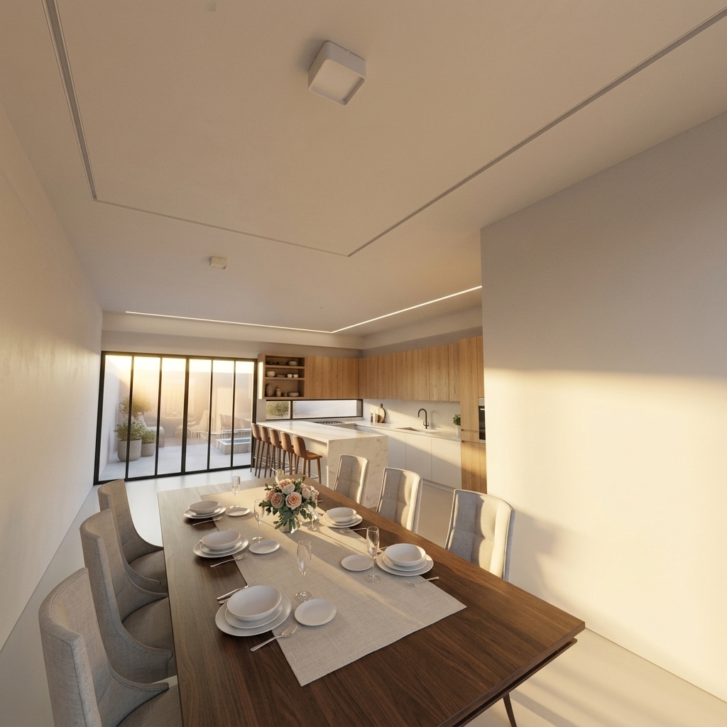 An incredibly lifelike, richly detailed, photorealistic wide-angle interior photograph of an open-plan dining room and kitchen set in a serene, modern minimalist haven. The scene is illuminated by the soft, warm golden glow of a summer sunset diffusing through the sleek, black-framed glass partitions in the background, creating a tranquil and elegant atmosphere. Captured with a professional 24mm architectural lens, emphasizing the fine, dark walnut grain of the expansive dining table, the crisp tactile weave of the linen runner, delicate ceramic dinnerware, and the seamless transition between matte white finishes and warm natural oak cabinetry. Zen-inspired simplicity defines the streamlined space, balancing understated luxury, clutter-free surfaces, and impeccably styled modern furnishing.