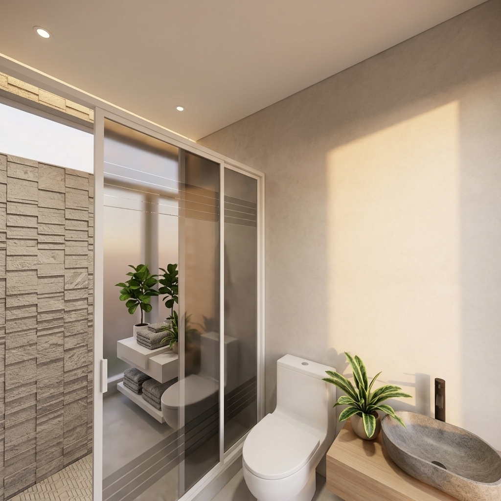 An incredibly lifelike, richly detailed, photorealistic wide-angle interior shot of a modern minimalist bathroom set in a tranquil contemporary home during a warm summer sunset. The scene is illuminated by gentle, diffused sunset glow filtering into the space combined with soft recessed architectural lighting, creating a serene, Zen-inspired atmosphere. Captured with a 24mm tilt-shift architectural lens, emphasizing the tactile textures of raw carved stone, smooth porcelain, and matte microcement walls. A sculpted, organic grey stone vessel sink sits gracefully atop a sleek, floating light-wood vanity shelf alongside a minimalist matte black fixture, complemented by a vibrant potted indoor plant that brings an organic touch of color. Adjacent, a streamlined white ceramic toilet rests next to a full-height, sliding frosted and smoked glass shower partition with clean white framing, showcasing crisp reflections and refined, uncluttered design.