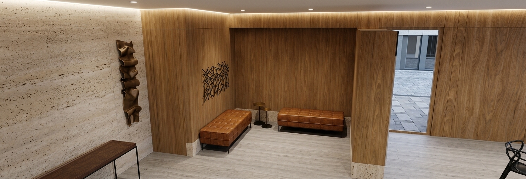 A photorealistic architectural photograph capturing the exact room layout with authentic materials and warm, sophisticated ambient lighting. The vertical walls are clad in smooth, rich wood veneer with subtle grain patterns, contrasting with the refined, matte travertine porcelain on the floor and sideboard wall. The two tufted benches are finished in supple cognac leather with realistic micro-creases and soft highlights, grounded by slim black metal legs. Subtle downlighting casts gentle contact shadows beneath the furniture and accentuates the textures of the wall art and decor, photographed with sharp architectural lens clarity and natural color depth.