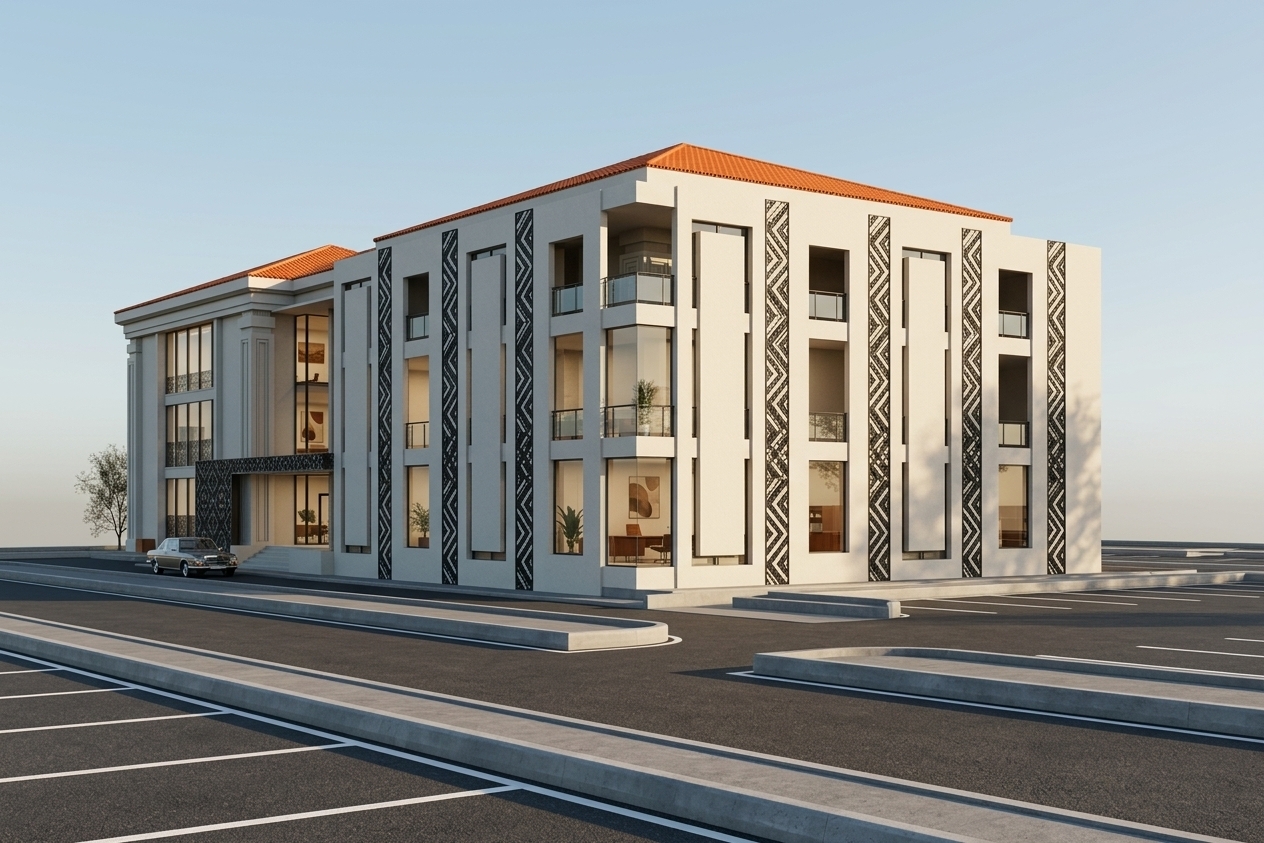 An incredibly lifelike, richly detailed, photorealistic three-quarter exterior view of a mid-century modern-inspired office and residential complex set in a clean, sun-drenched urban setting. The scene is illuminated by crisp, warm afternoon sunlight casting dynamic, precise shadows across the building's geometric facade, creating a sophisticated and timeless atmosphere. Captured with a professional tilt-shift architectural lens, emphasizing the fine texture of smooth off-white stucco, vibrant orange terracotta roof tiles, and intricately patterned black-and-white vertical accent bands. Through the generous double-height glass entryway and panoramic corner windows, curated interior office spaces are subtly visible, styled with sleek walnut and teak desks, organic indoor plants, muted blue and earth-toned abstract wall art, and clutter-free, functional mid-century decor. Crisp asphalt parking bays, smooth concrete curbs, and reflective glass surfaces complete this iconic, linear composition.