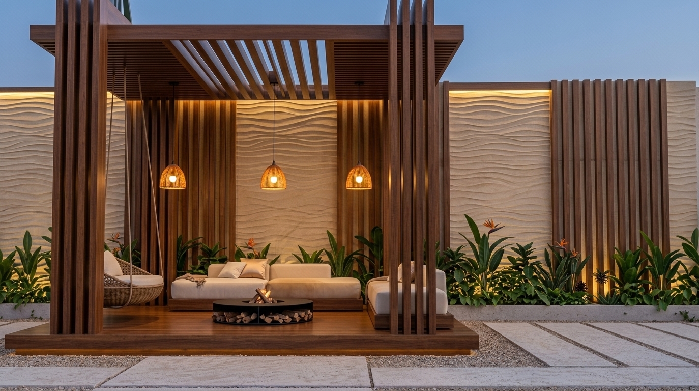 An incredibly lifelike, richly detailed, photorealistic landscape photo of a modern outdoor lounge and pergola pavilion set in an elegant contemporary garden. The scene is illuminated by the intimate, warm amber glow of sculptural woven pendant lights and subtle ambient architectural highlights, creating a serene, sophisticated, and refined atmosphere. Captured with a high-resolution architectural camera and a 35mm wide-angle lens, emphasizing the rich dark wood grain of the vertical slatted pillars, the tactile relief of the wavy sandstone wall panels, and the plush textures of tailored cream upholstery. Inside the clean-lined gazebo, low-profile modular sofas in shades of pearl and champagne surround a sleek circular black metal fire pit table filled with stacked firewood, complemented by a suspended woven pod chair gently hanging to the side. Behind the polished wooden deck, lush tropical planter beds teeming with broad-leafed greenery and vibrant bird-of-paradise flowers border the textured feature wall, delivering a perfectly balanced, understated luxury aesthetic tailored for a high-end photography book.